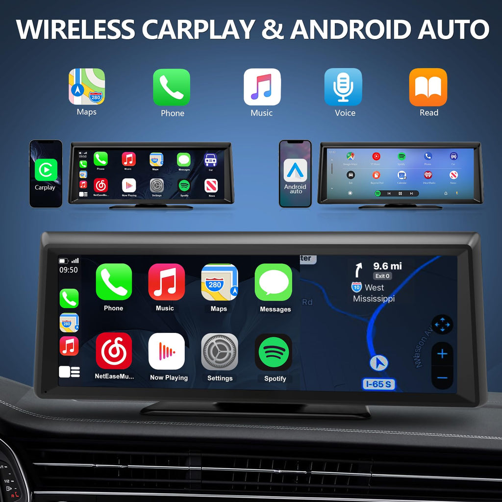 Apenet Wireless CarPlay Screen with 2K Dash Cam, 8.1" Portable Touchscreen Car Stereo with CarPlay & Android Auto, 1080P Backup Camera, Voice Control, Bluetooth, Mirror Link, GPS Navigation