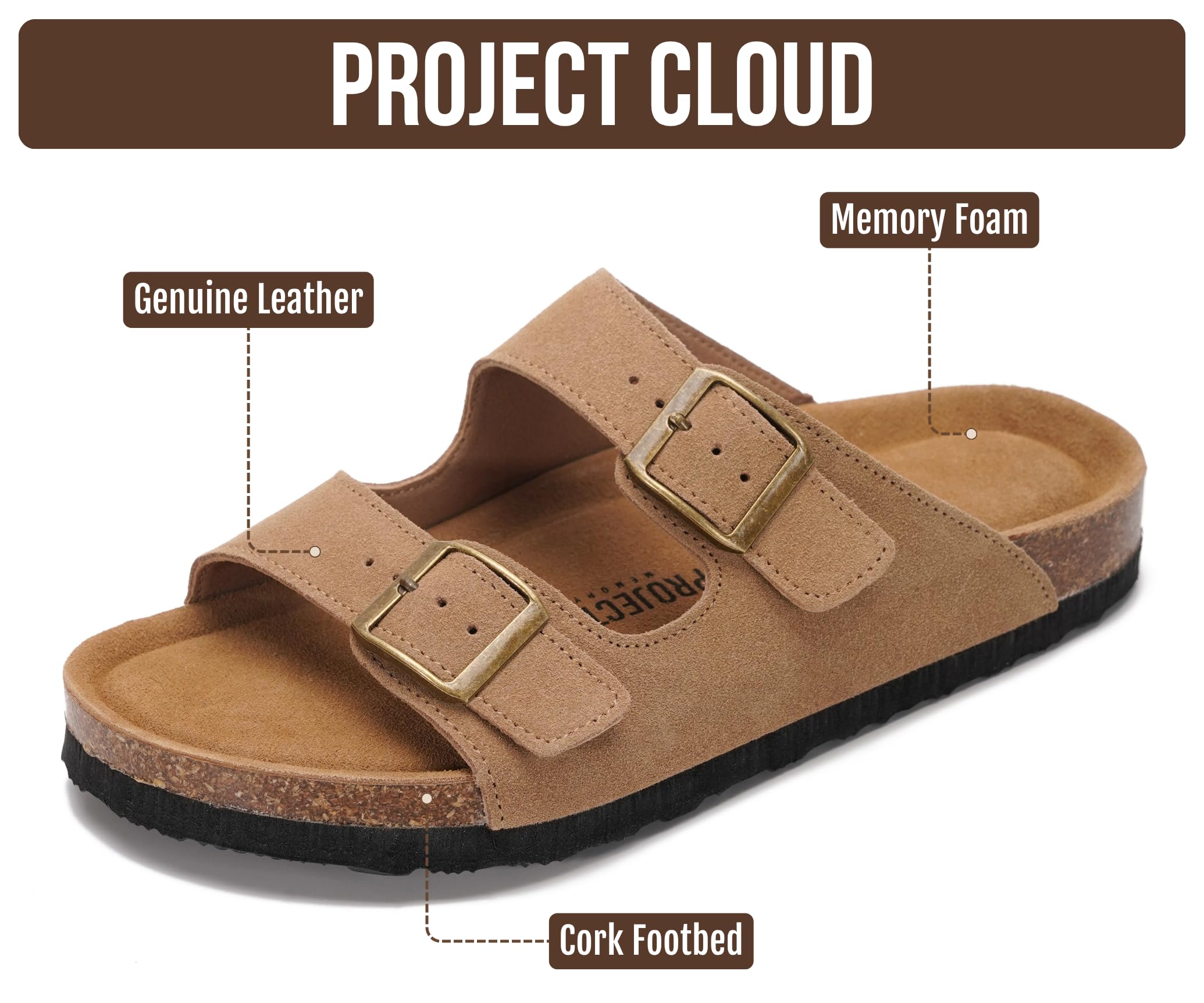 Project Cloud 100% Genuine Leather Flat Sandals For Women 2026 Cork Footbed Womens Sandals with Memory Foam and arch support Vacation Essentials Slides for Women Footwear (Venita, Chestnut, 8)