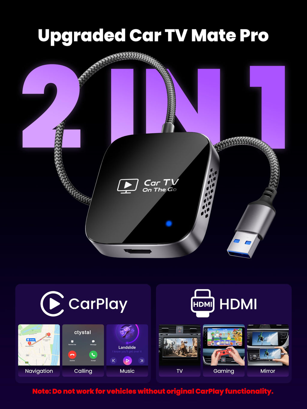 2-in-1 Wireless CarPlay Adapter & Car TV Mate Pro 2026 [Anti-Interference, Metal Case] Convert Wired to Wireless Car Play with HDMI Input for TV Stick, Screen Mirroring & Streaming, Fit for 2016+ Cars