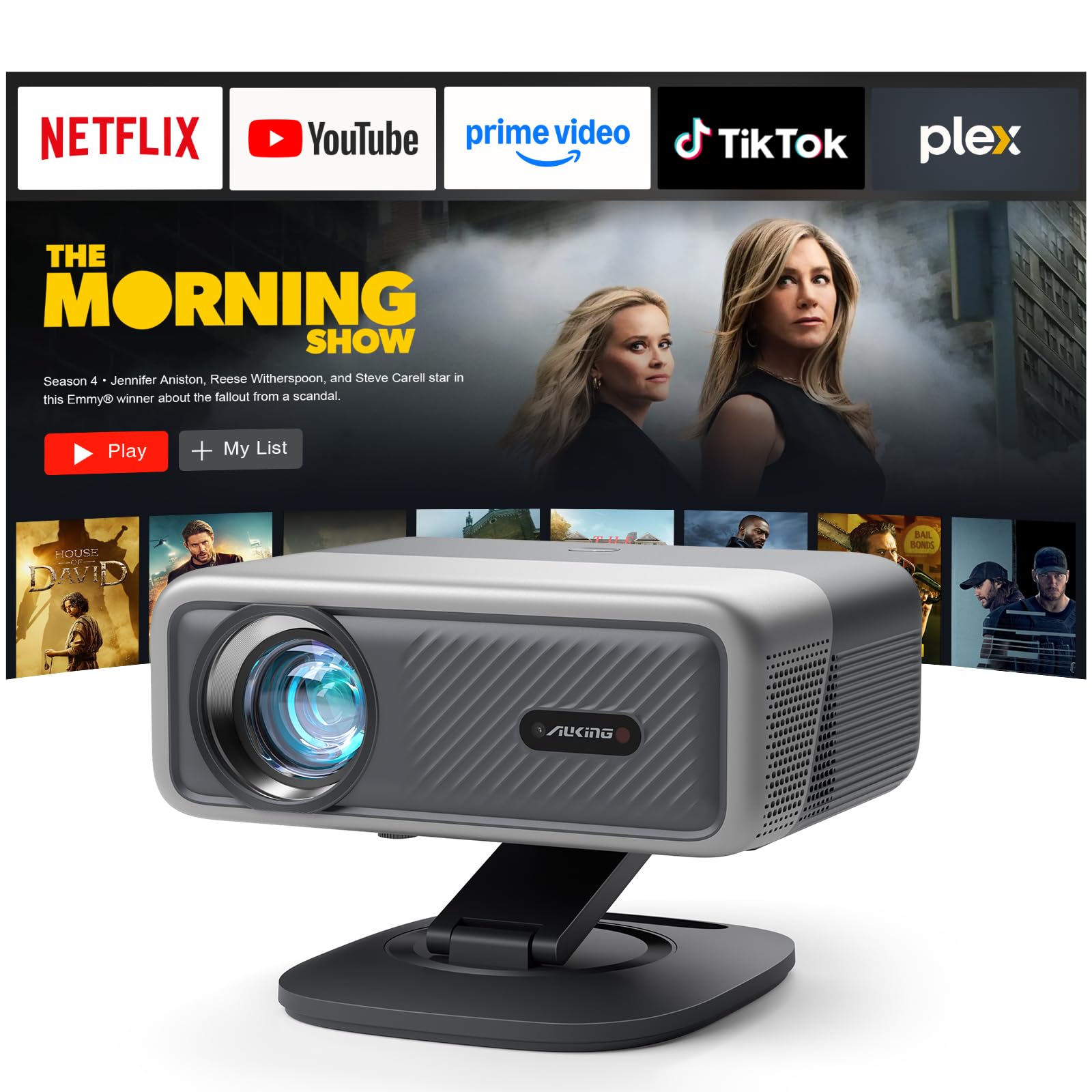 [ Officially-Licensed APP & Dolby Audio] 4K Projector with WiFi and Bluetooth,TOF Real-Time Auto Focus Smart Projector, AuKing Outdoor Movie Home Theater Proyector with Omni-Adjustable Stand