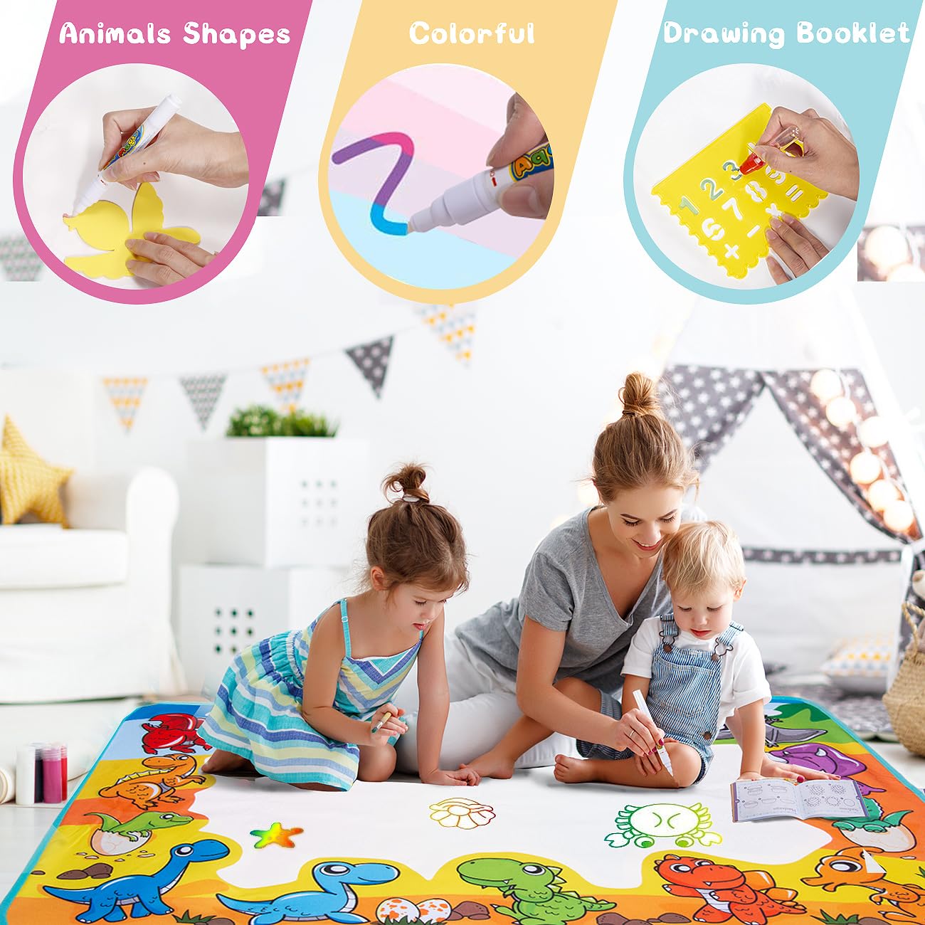 Kids Dinosaur Water Doodle Mat - Large Mess Free Coloring Painting Pad Drawing Magic Water Canvas Toddler 1-3 Reusable Floor Outdoor Art Toy Education Birthday Valentines Day Gifts Boys Girls Ages 2-4