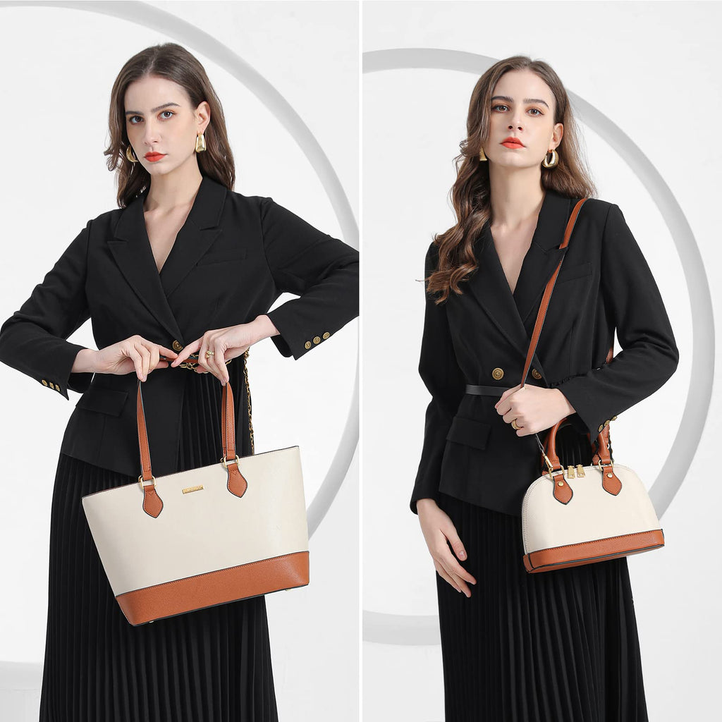Bagsure Women's Handbag Set, Tote Bag 4pcs, Brown and White Synthetic Leather, Fashion Purse Sets for Work, Shopping, Outdoors