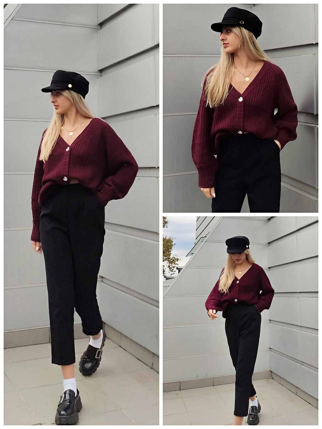 PRETTYGARDEN Women's Long Sleeve Plain Button Down Sweater Classic V-Neck Knit Cardigan Open Loose Outwear Coats (Wine Red,Small)
