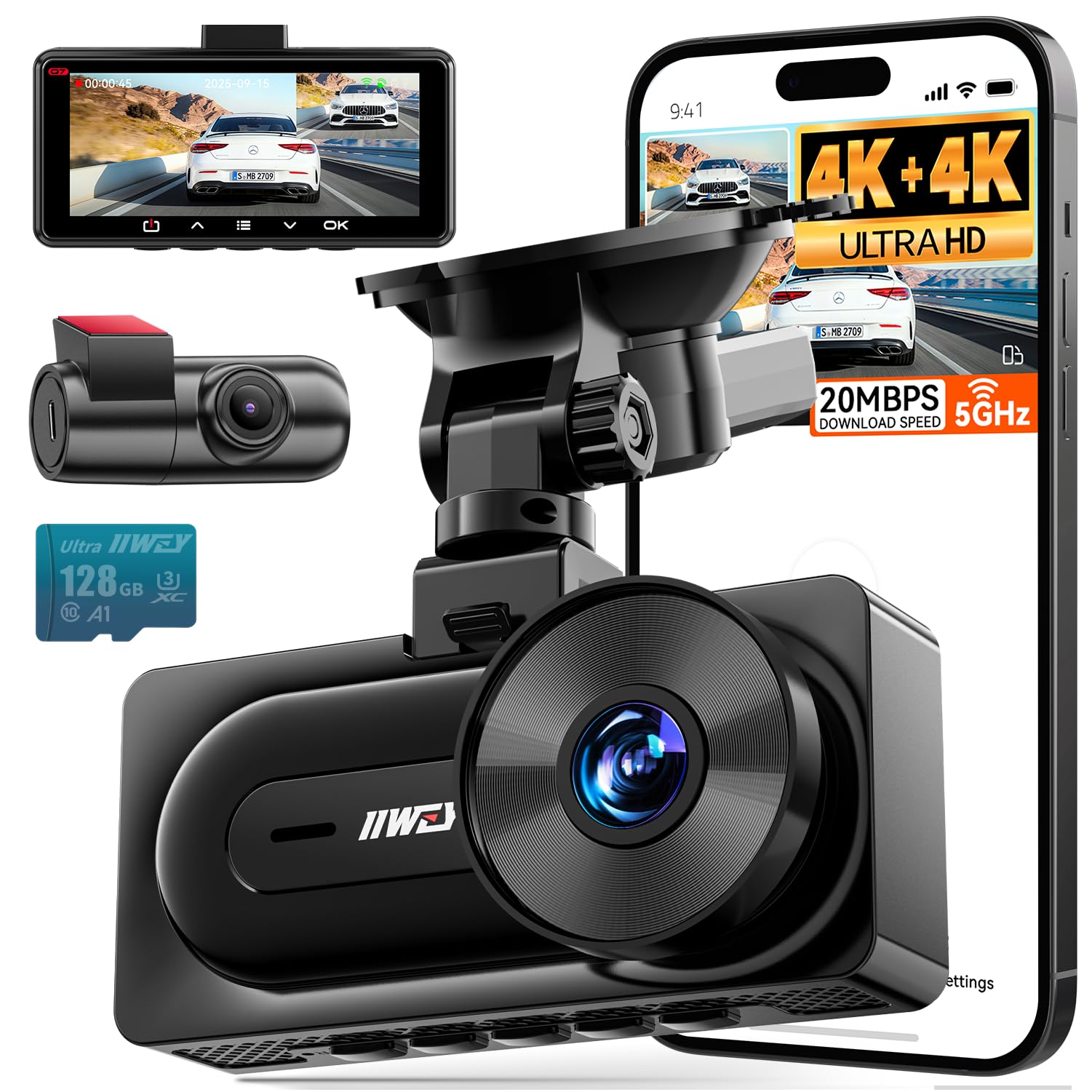 IIWEY 4K+4K Dash Cam Front and Rear, Dual STARVIS Sensor, 5G WiFi-6 (up to 20MB/s) with App, 128G SD Card Included, GPS, Dash Camera for Cars with 24/7 Parking Mode, 3.18 Inch IPS, 170° Wide Angle