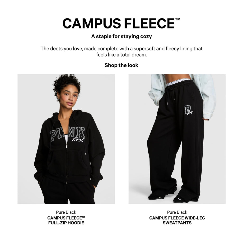 Victoria's Secret PINK Women's Campus Fleece Full-Zip Hoodie Sweatshirt, Pure Black, (M)