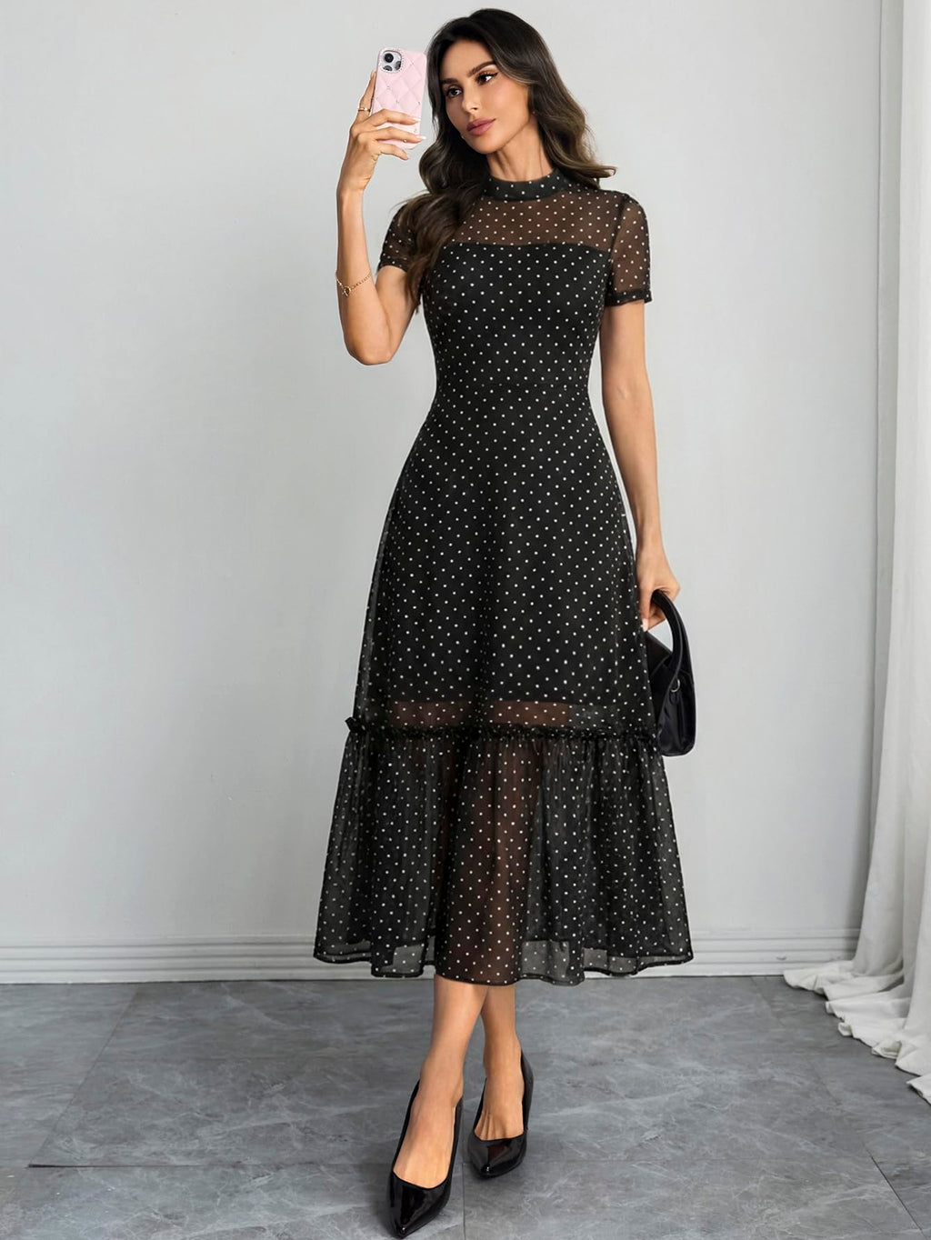 GothDark Women's Summer Floral Mesh Ruffle Dress Short Sleeve Round Neck Waist Cinched Casual Maxi Wedding Guest Dresses Polka Dot