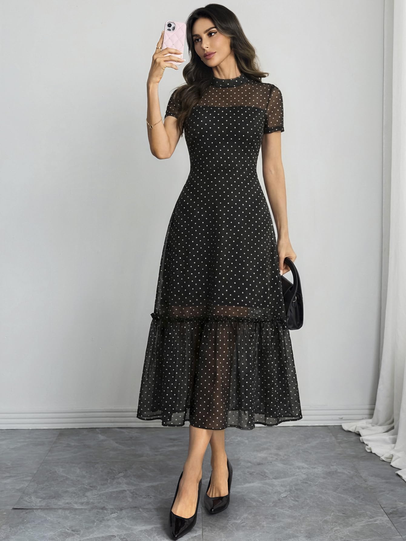 GothDark Women's Summer Floral Mesh Ruffle Dress Short Sleeve Round Neck Waist Cinched Casual Maxi Wedding Guest Dresses Polka Dot