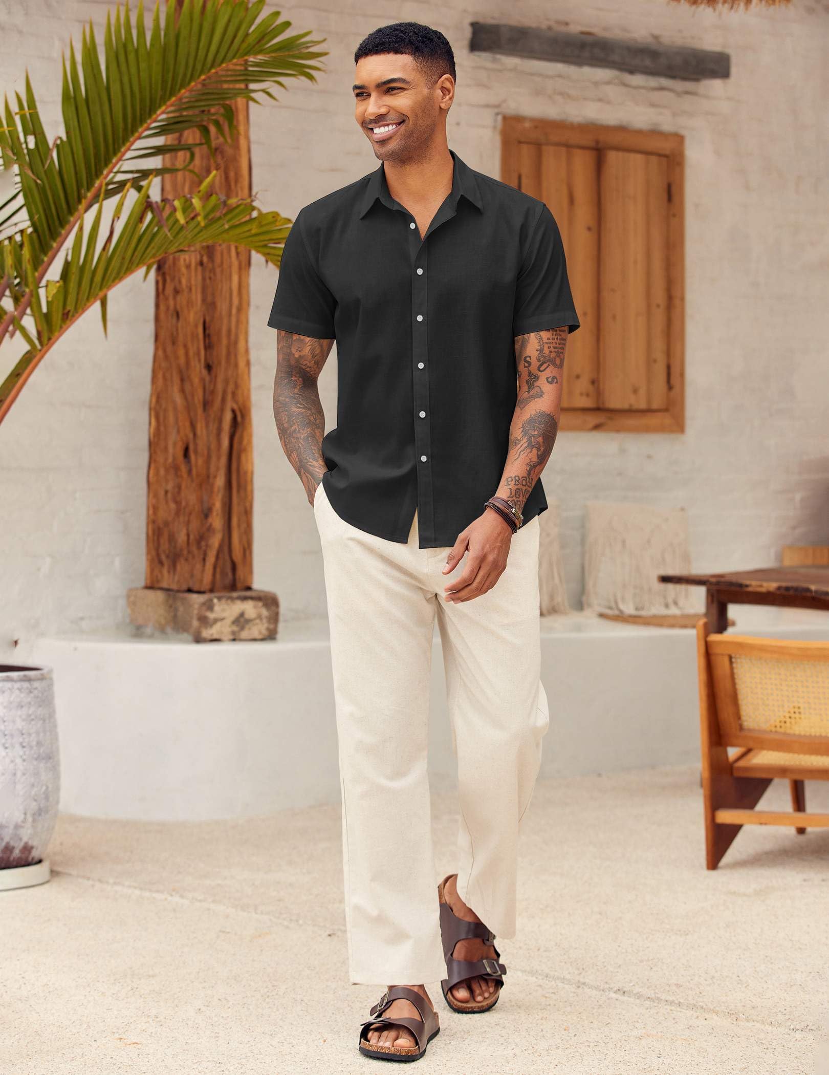 COOFANDY Men's Linen Cotton Casual Button Down Shirt Slim Fit Free Wrinkle Beach Shirt Black