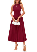 PRETTYGARDEN Spring Casual Dresses for Women 2026 Summer Business Work Midi Sleeveless A Line Pleated Cocktail Dress(Burgundy,X-Large)