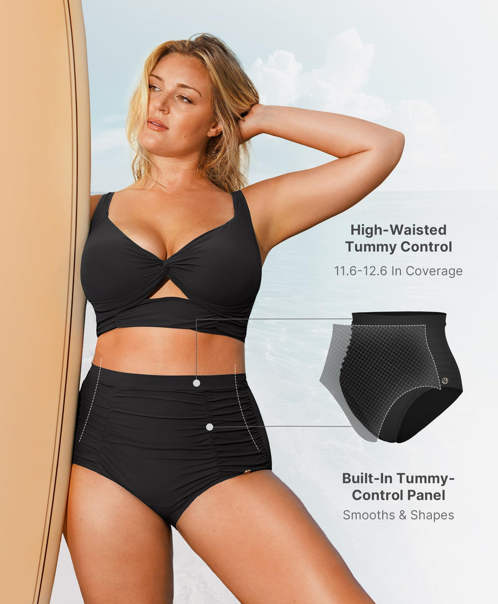 SHAPELLX Plus Size Tummy Control Bikini High Waisted Swimsuit for Women Twist Front Two Piece Bathing Suit Ruched Bikini Sets (Black, 3XL)