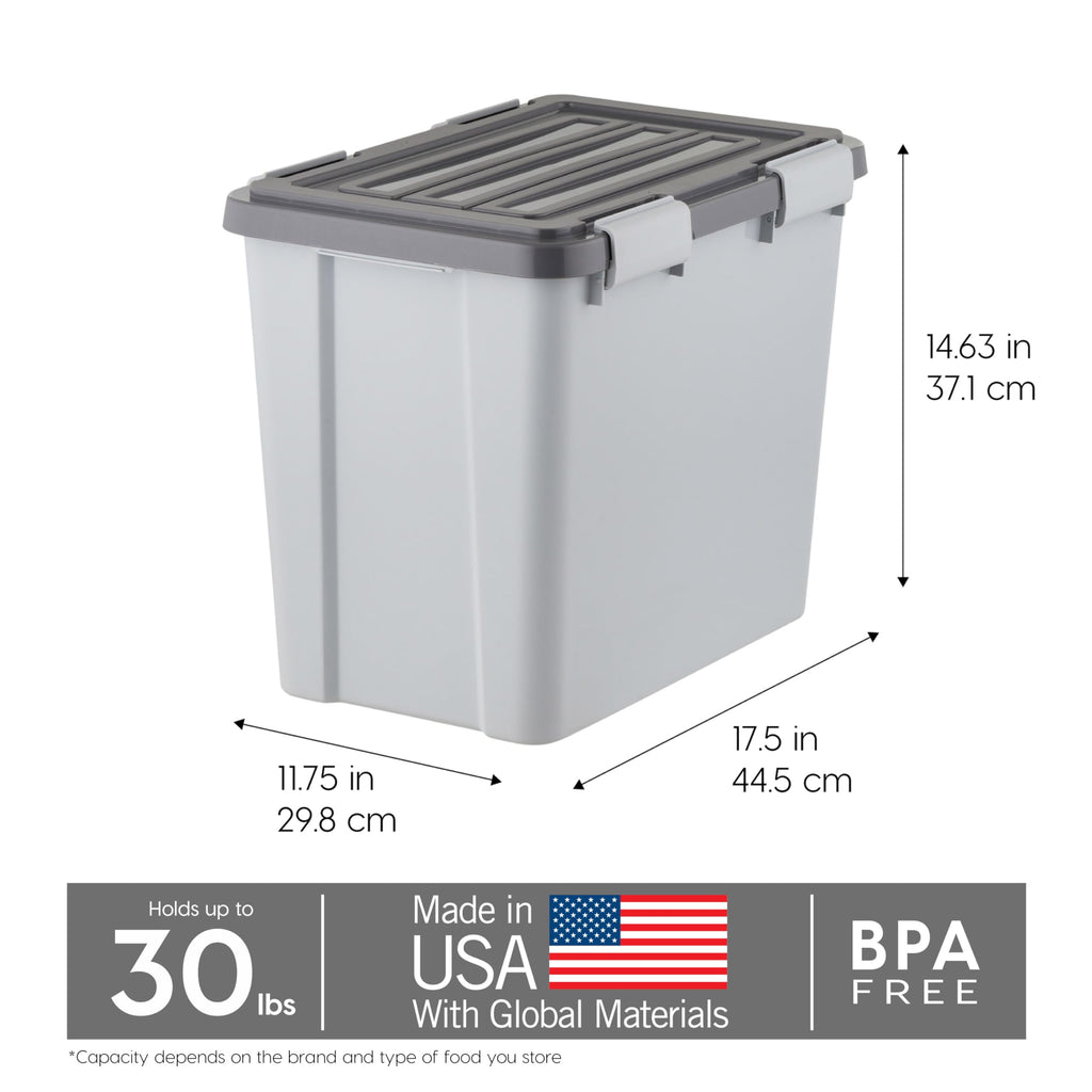 IRIS USA Stackable Dog Food Storage Container with 2 Cup Scoop, 4 Secure Latches, Fits up to 30 lbs, Pet Dry Food Bin, Gasket Seal Lid, BPA Free, Stackable, Easy Measure, Gray/Dark Gray