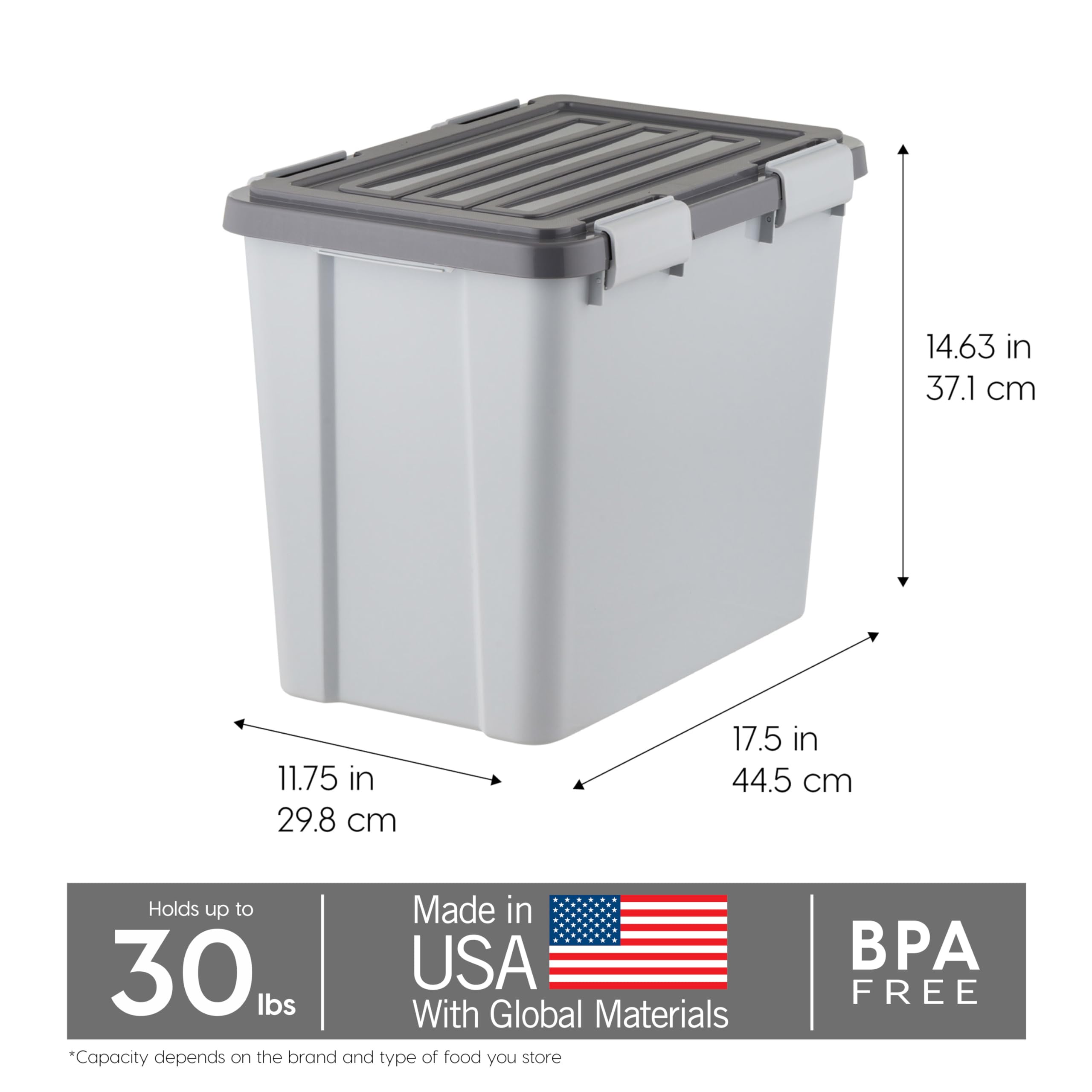 IRIS USA Stackable Dog Food Storage Container with 2 Cup Scoop, 4 Secure Latches, Fits up to 30 lbs, Pet Dry Food Bin, Gasket Seal Lid, BPA Free, Stackable, Easy Measure, Gray/Dark Gray