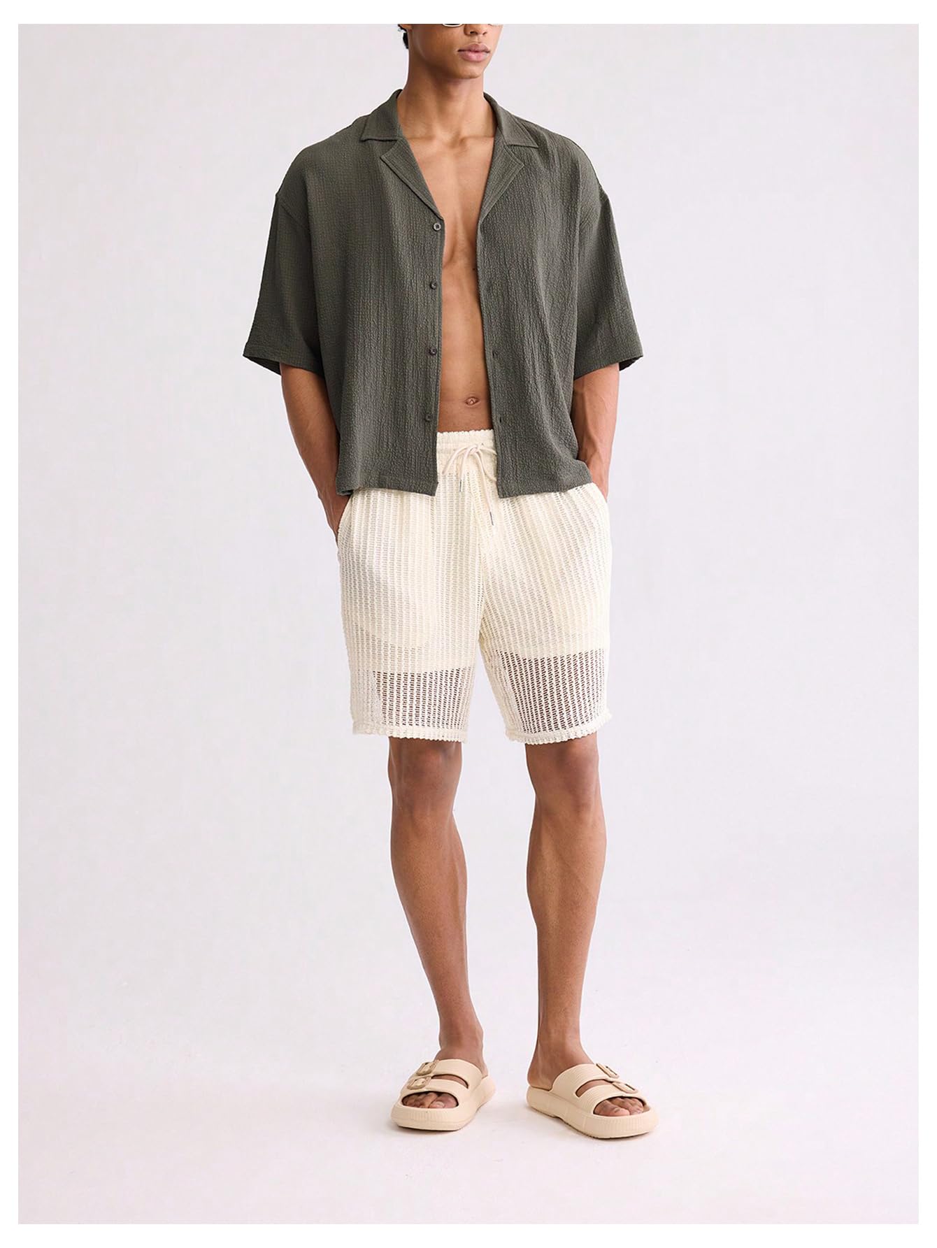 OYOANGLE Men's Oversized Cropped Button Down Shirts Casual Short Sleeve Solid Loose Shirts Army Green Small