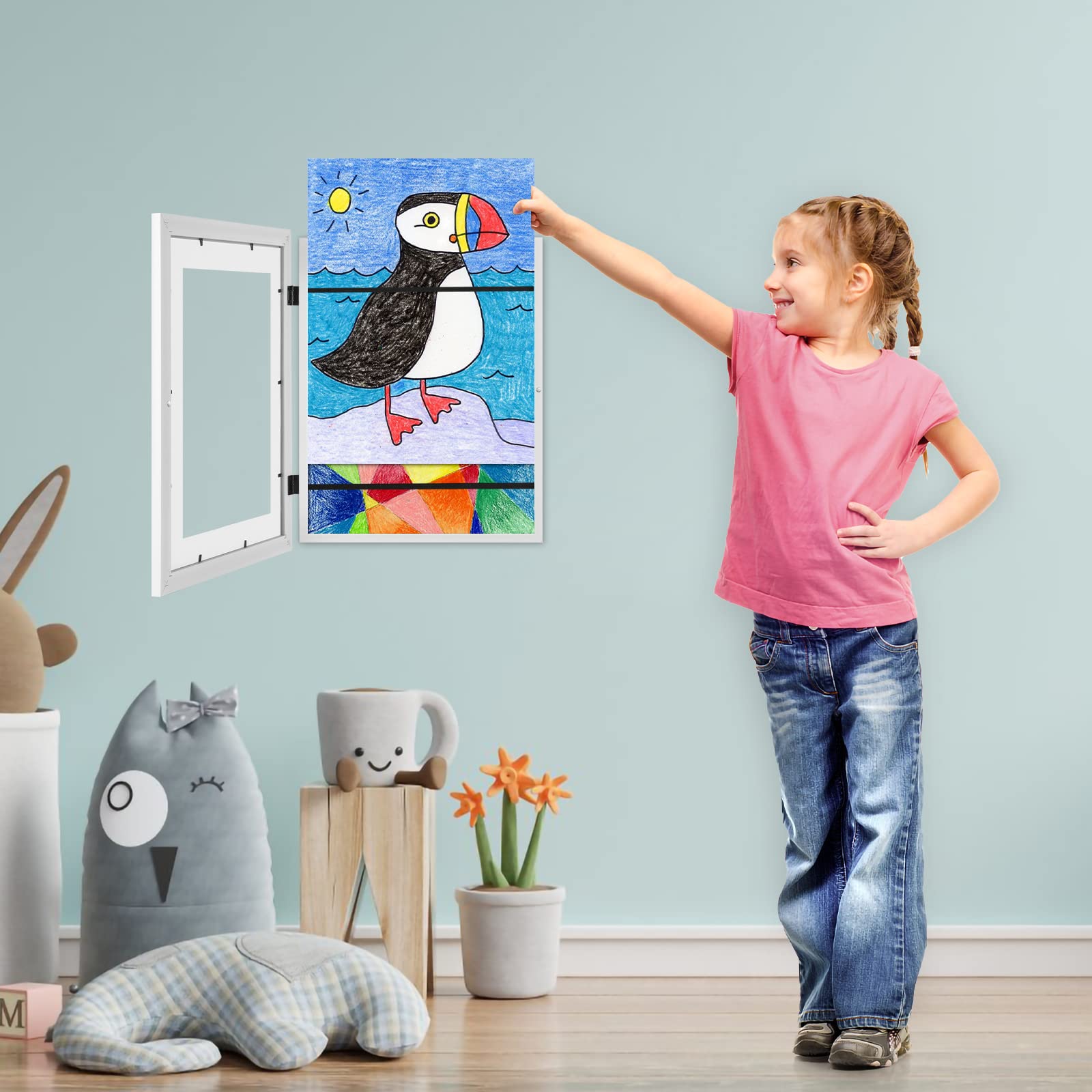 [2-Pack] Kids Art Frames, 11x14 Front Opening Kids Artwork Frames Changeable, White Artwork Display Storage Frame for Wall, Holds 50 Pcs, for 3D Picture, Crafts, Children Drawing, Hanging Art,