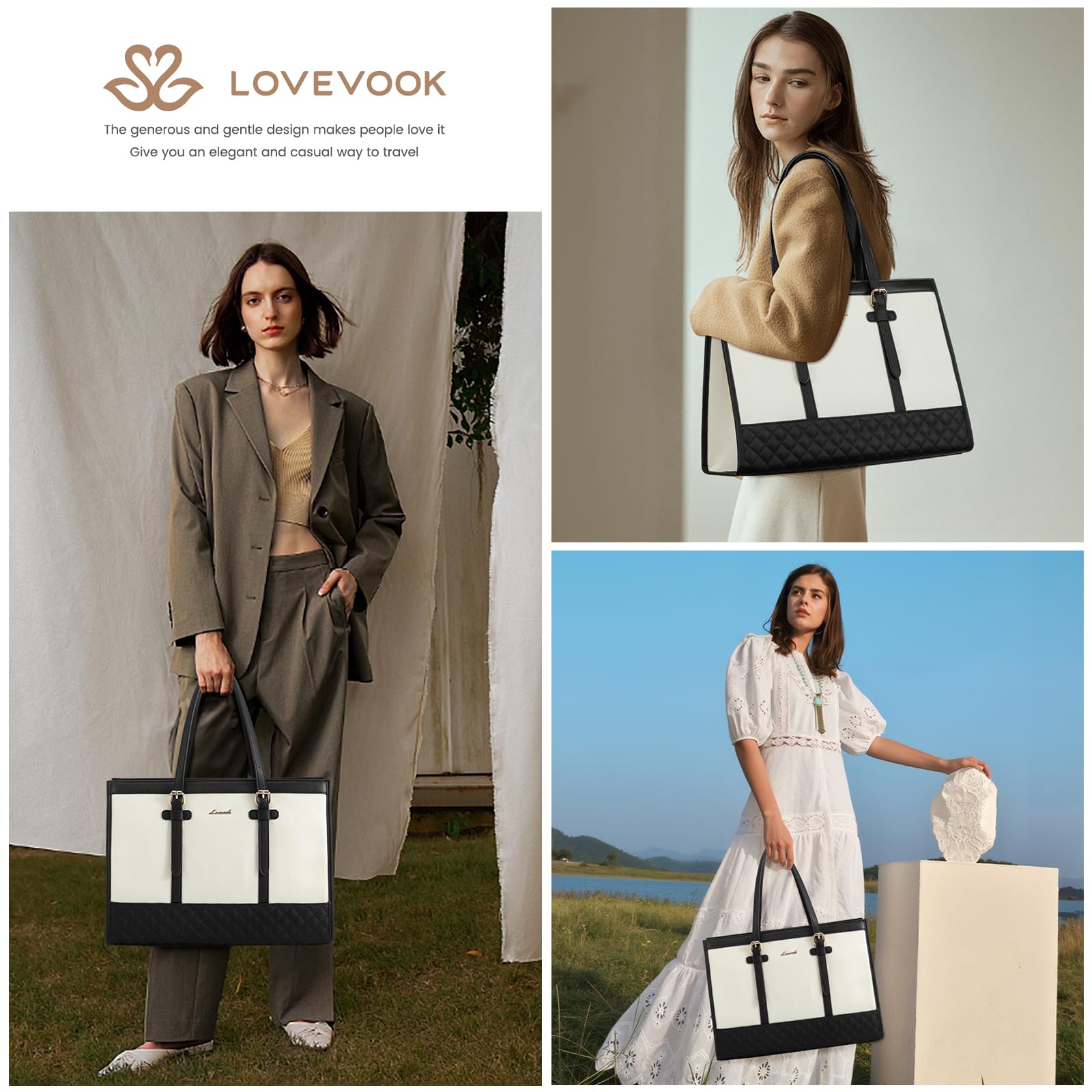 LOVEVOOK Laptop Bag for Women 15.6 inch Canvas Laptop Tote Bag, Large Capacity Work Bag with Clutch Purse, Computer Bag Office Business Briefcase, Casual Handbag for Travel College Teacher School