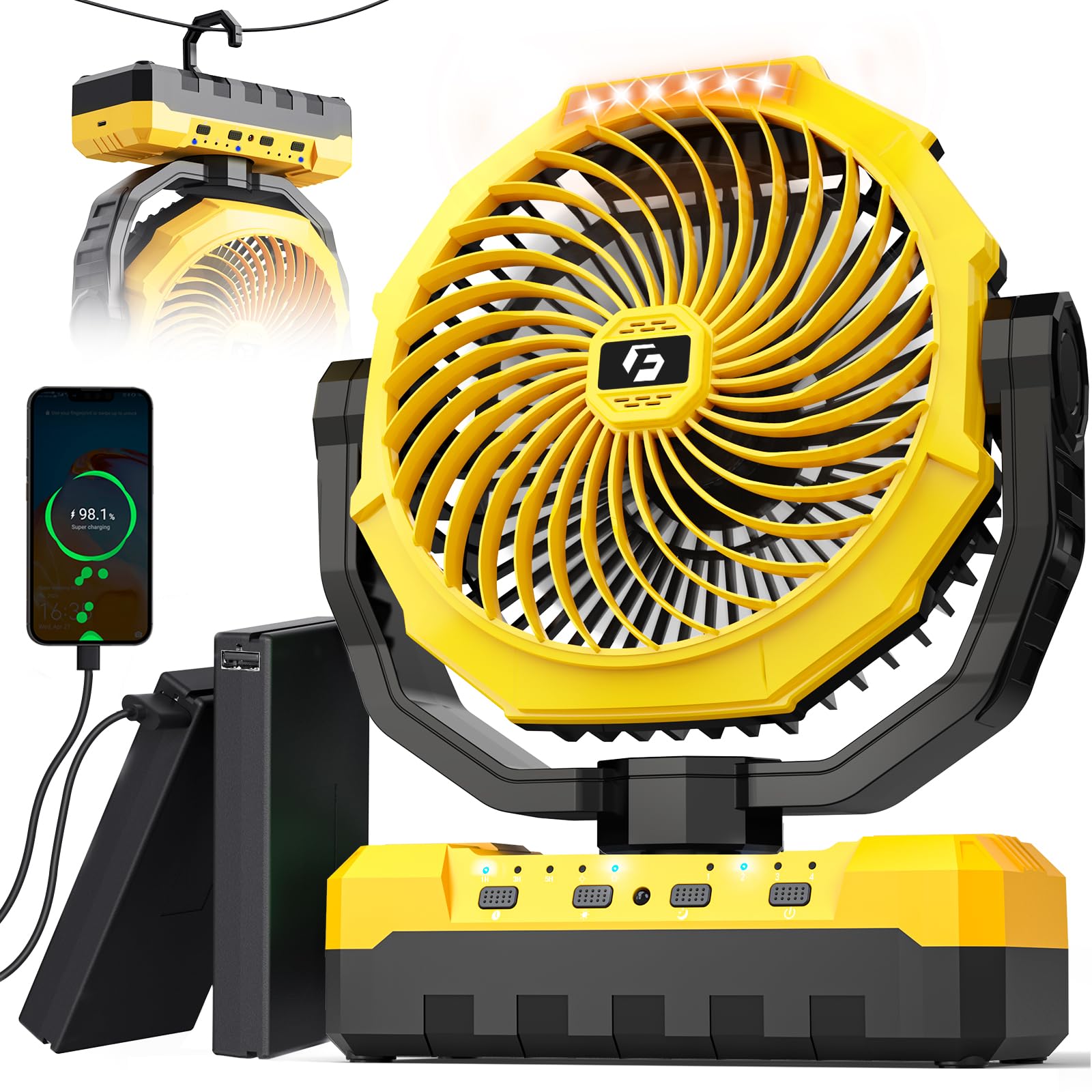 36000mAh Portable Camping Fan - 120HRS Rechargeable Fan with Detachable Battery with LED & Remote - 4 Speeds Battery Powered for Tent,Travel, Office, Jobsite