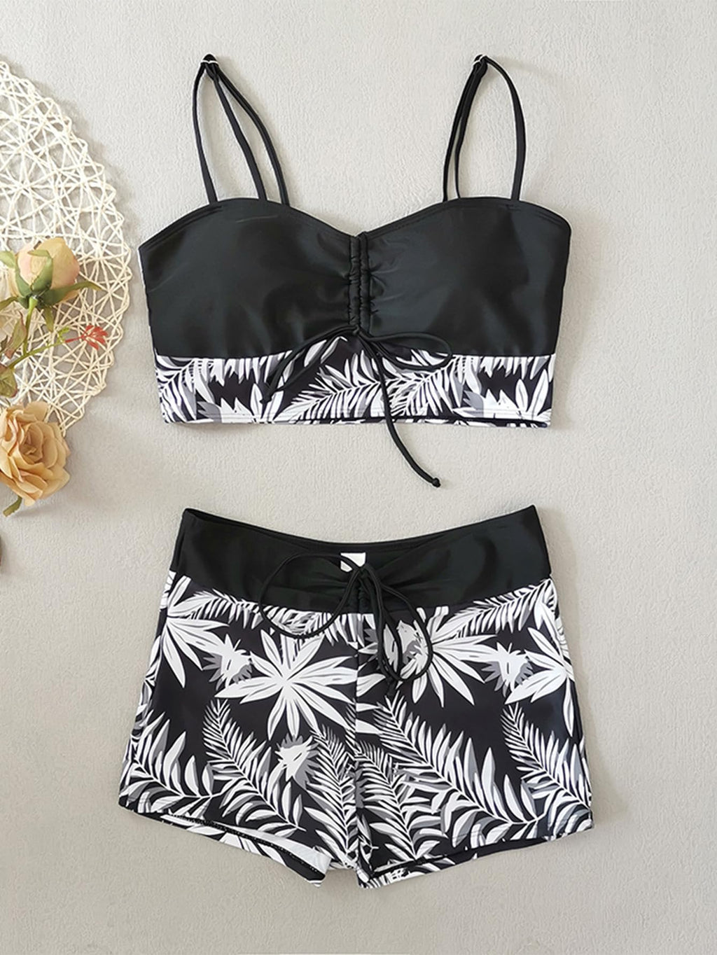 Lilosy Tummy Control Drawstring High Waisted Bikini Set String Swimsuit Spaghetti Strap Cami Top and Tie Side Shorts 2 Piece Women Bathing Suit Leaf Black Small