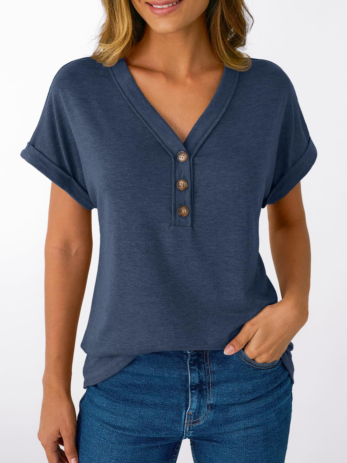 AUTOMET Short Sleeve V Neck T Shirts Womens 2026 Summer Business Casual Henley Tops Cap Sleeve Spring Fashion Clothes Dressy Lightweight Work Tshirts Loose Blouses Cute Outfits Clothing Navy Blue L