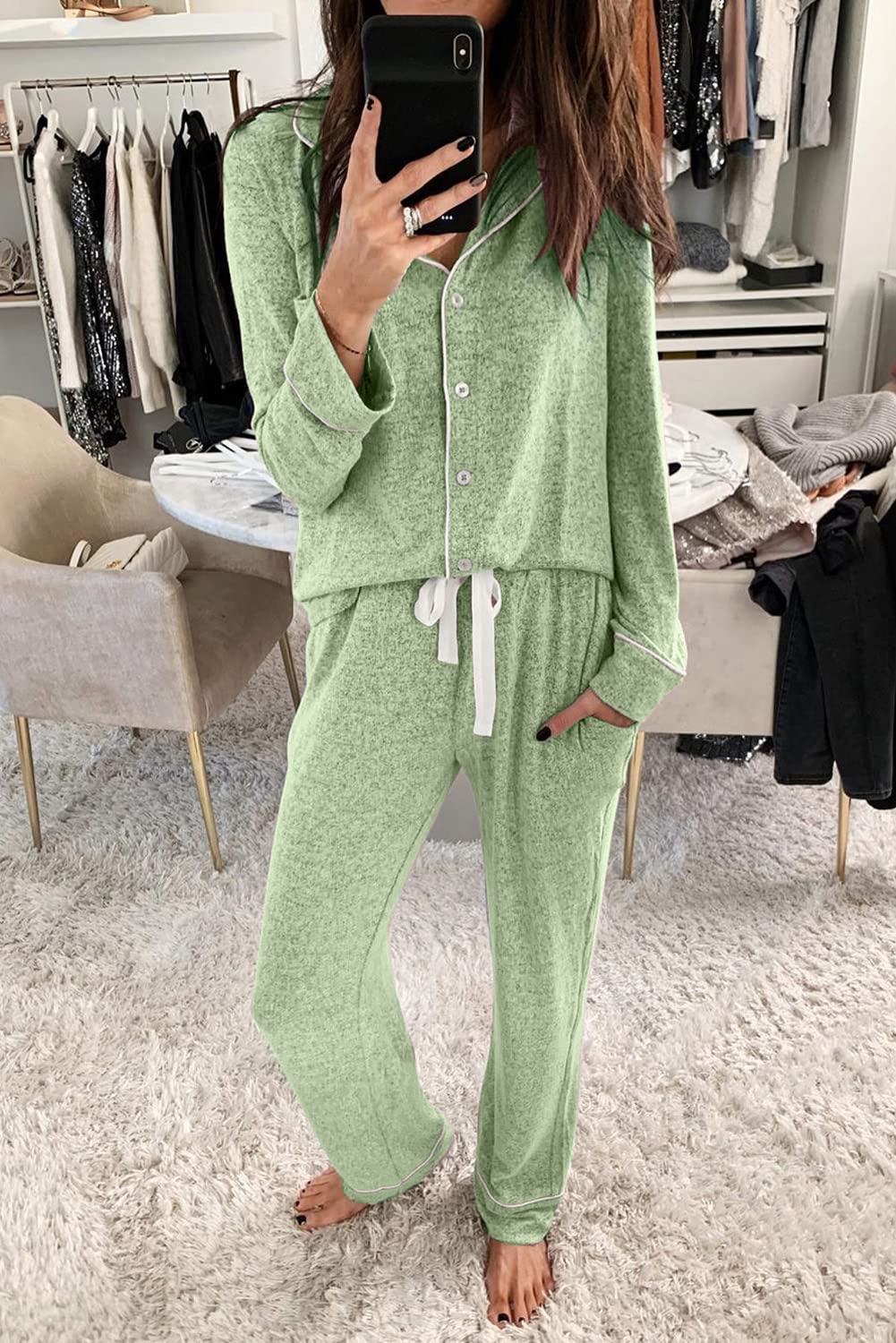Aamikast Pajama Set for Women Button Down Soft Long Sleeve Pjs Sleepwear Sets (Light Green,M)