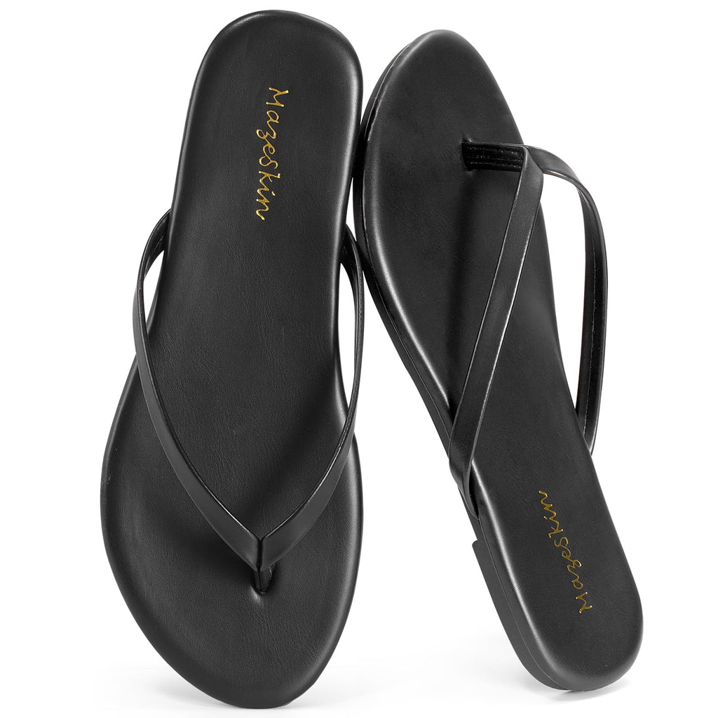 mazeskin Women's Memory Foam Comfortable Flat Thong Sandals Dressy Summer Beach Leather Slide Flip Flops,Black US8