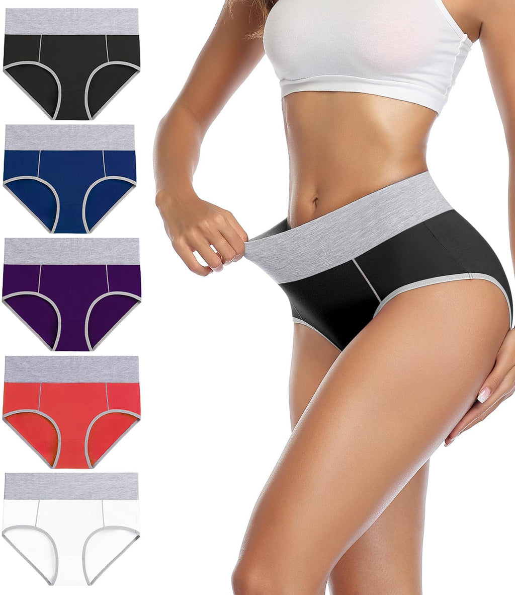 wirarpa Women's Cotton Underwear High Waist Stretch Briefs Soft Underpants Ladies Full Coverage Panties 5 Pack Black Purple White Navy Red Large