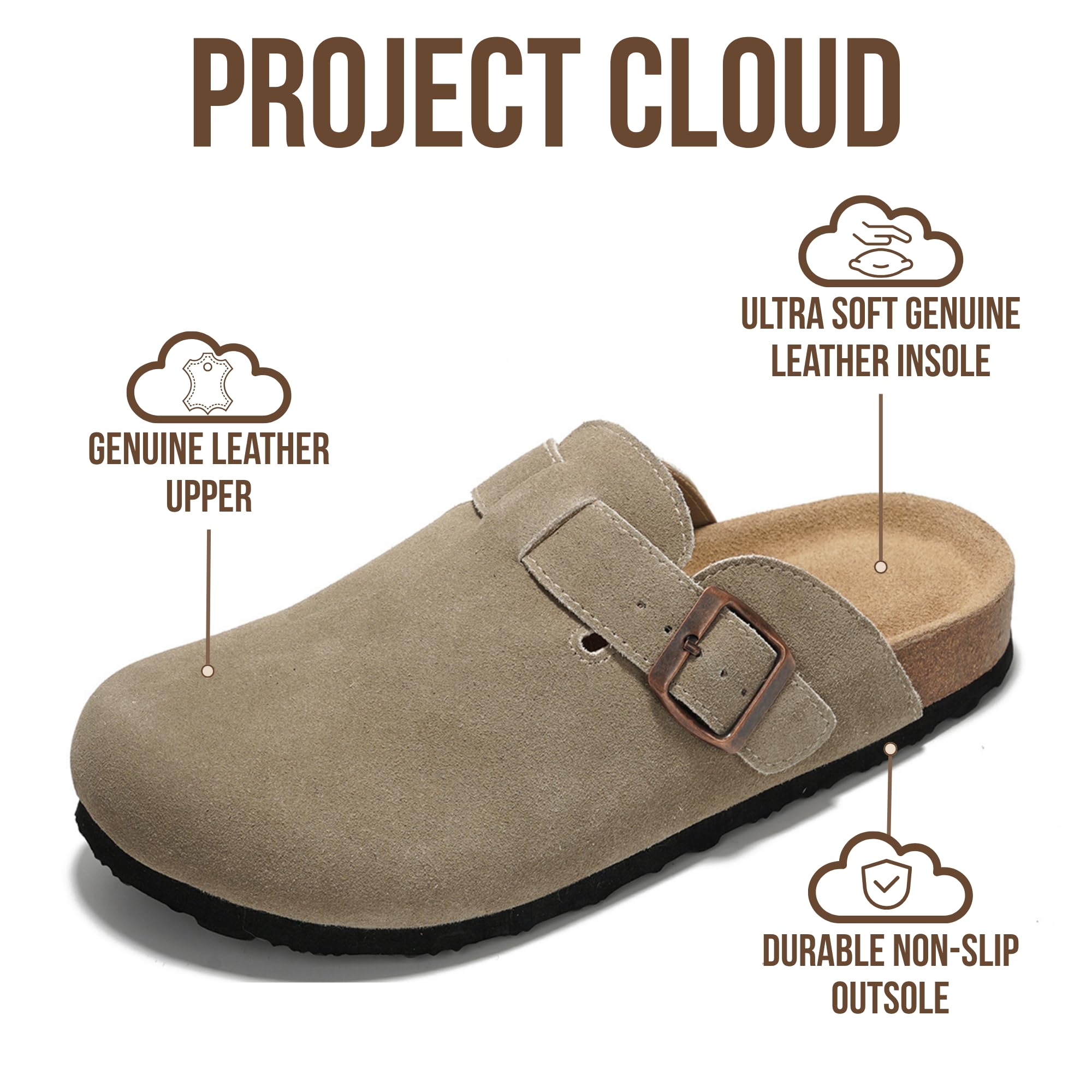 Project Cloud Genuine Leather Footbed Clogs for Women - Memory Foam Arch Support Slippers for Women - Trendy Slip-ons Women's Mules & Clogs Sandals (Benton,TaupeSuede, 5.5)