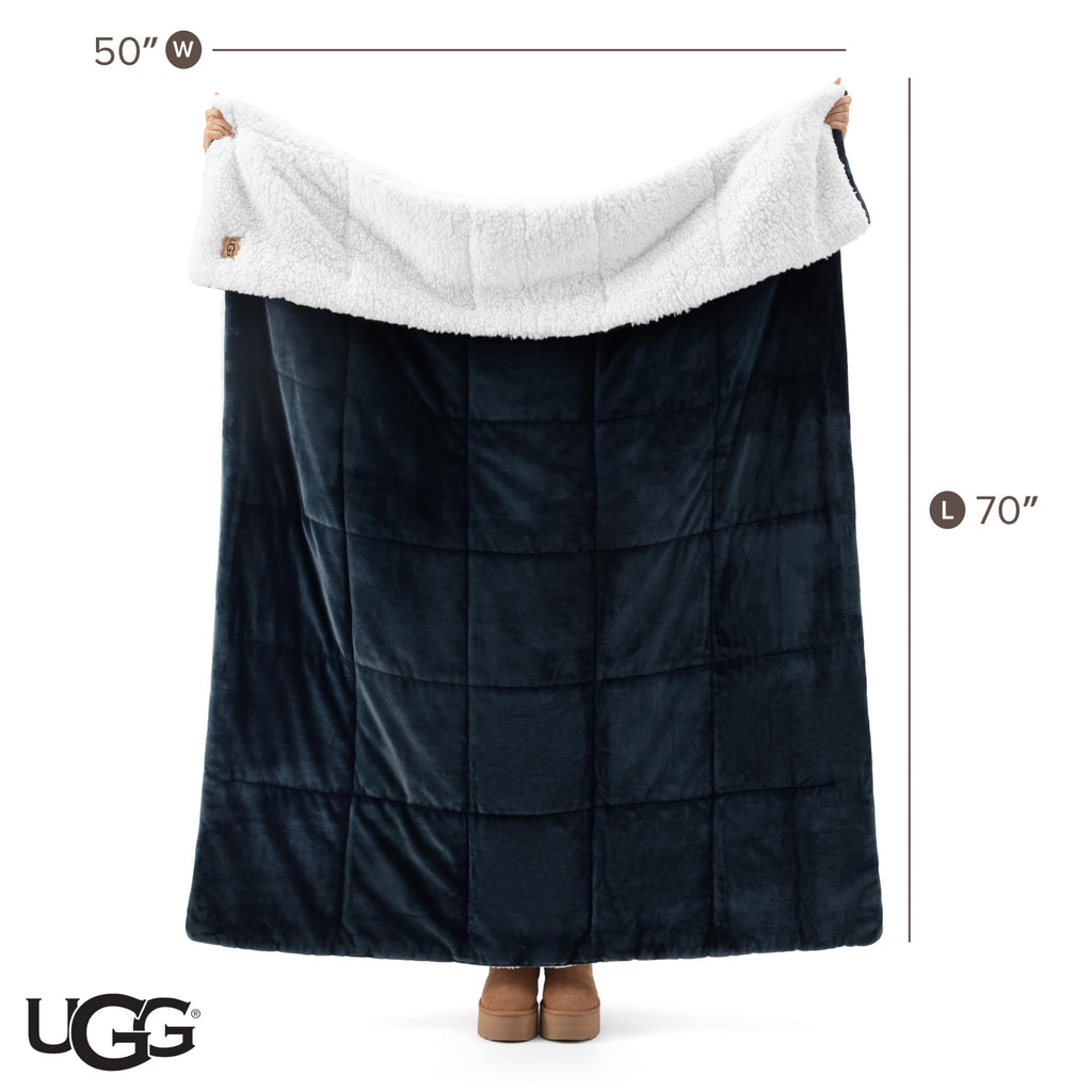 UGG Nita Throw Blanket Soft Reversible Plush Throw for Couch or Bed Cozy Fuzzy Warm Fluffy Blanket for Living Room or Cute Bedroom Decor Down Alternative Washable, 50-inch x 70-inch, Navy Blue