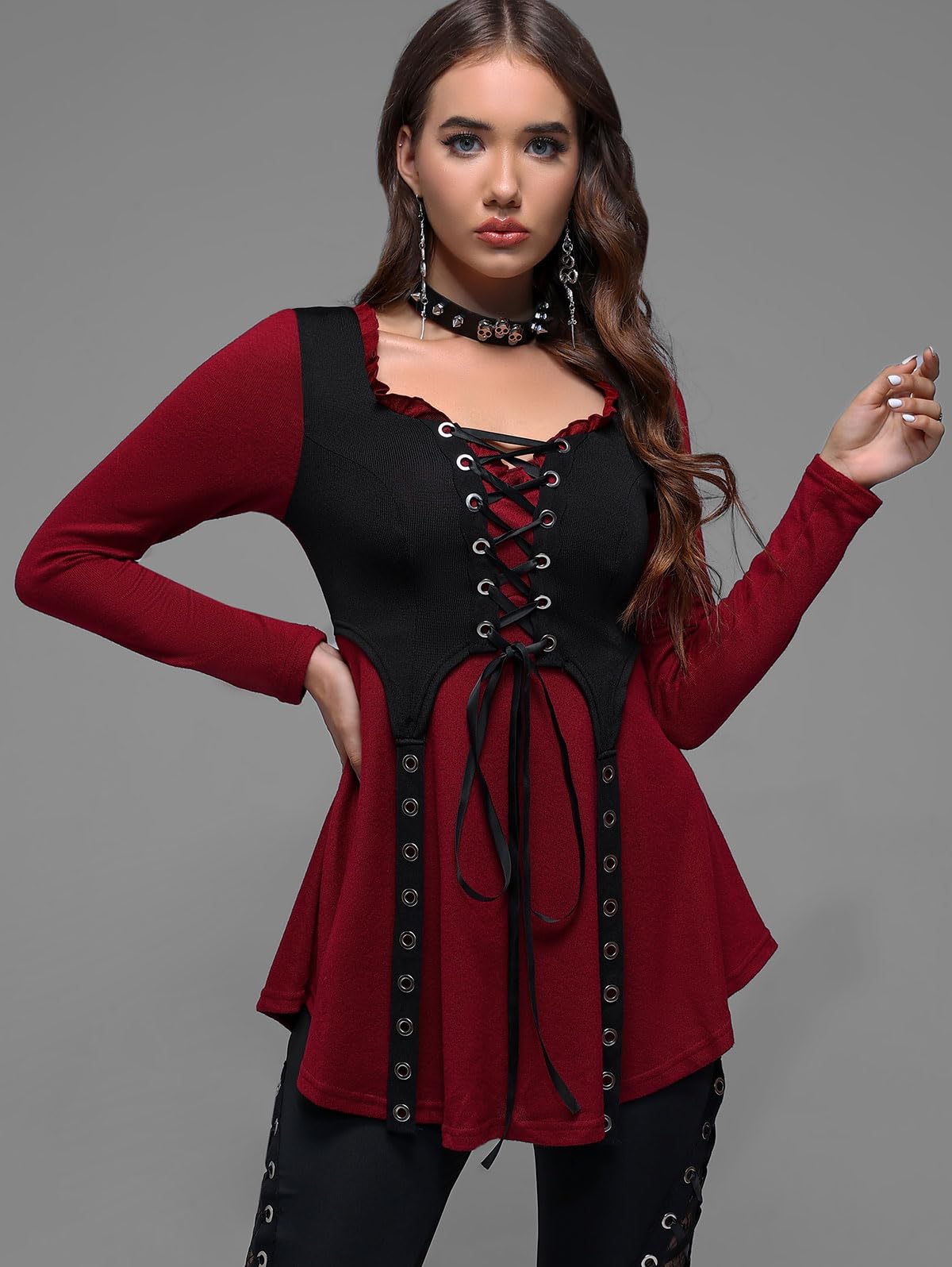 ROSE GAL Rosegal Women Plus Size Steampunk Victorian Gothic Grommet Lace-up Corset Bustier Renaissance Top Long Sleeves Underbust T-shirt(Red_1/L)
