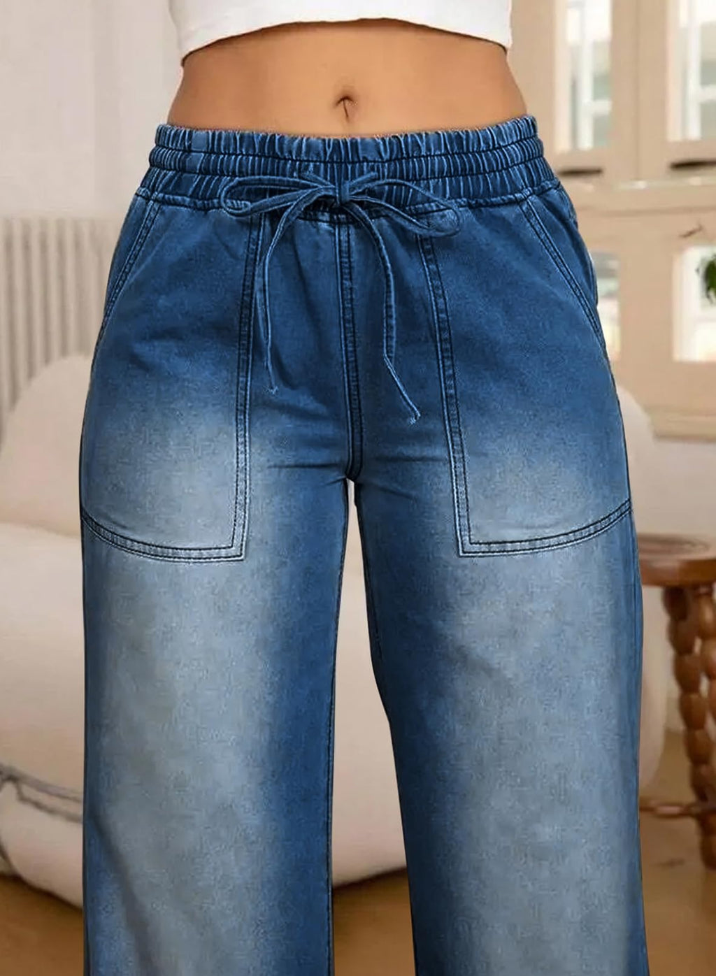 Eytino Plus Size Jeans,High Waisted Straight Leg Stretchy Trendy Loose Drawstring Wide Leg Denim Pants for Curvy Women,3X Dirty Blue
