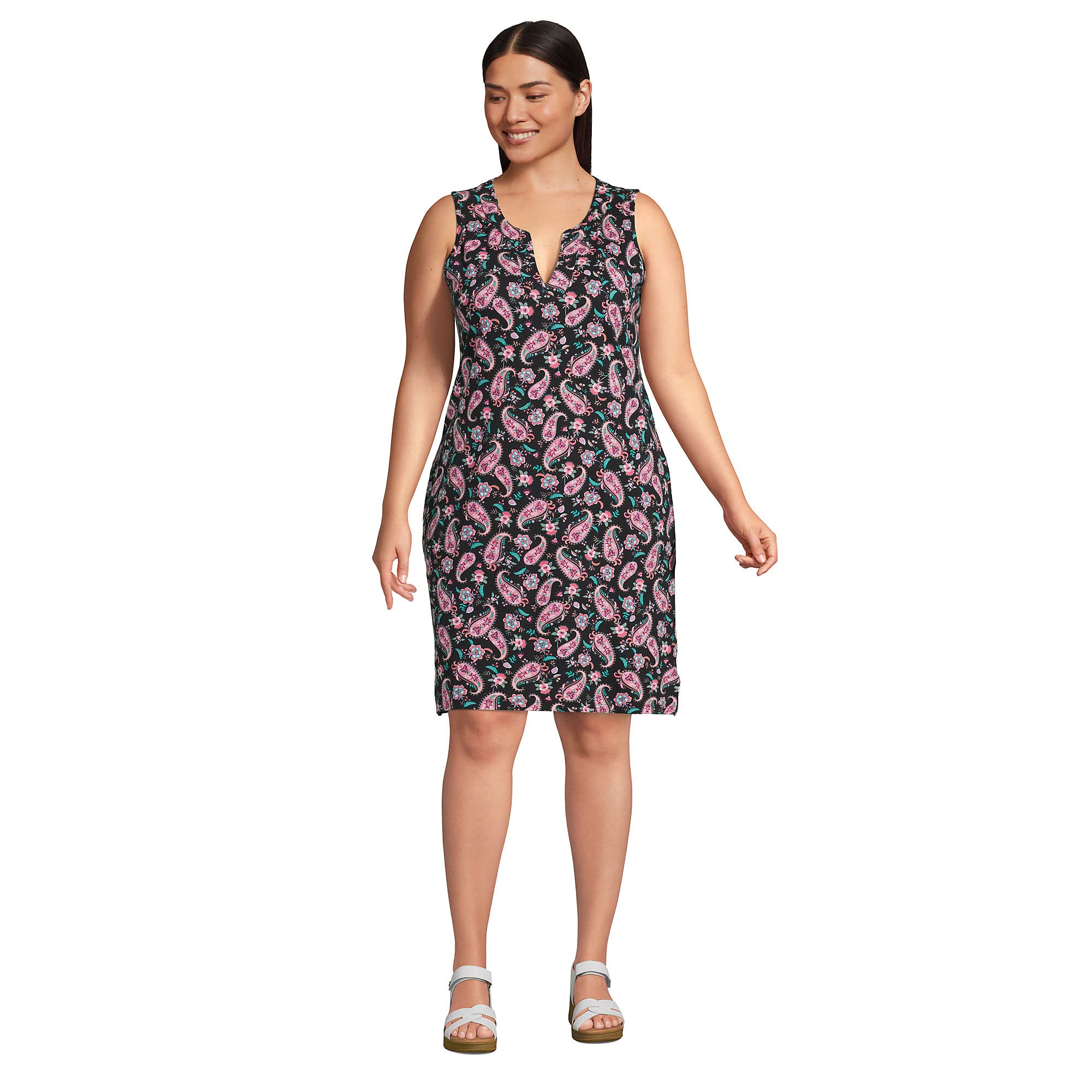 Lands' End Womens Cotton Jersey Sleeveless Cover-up Dress Colorblock Black Multi Paisley Floral Regular X-Small