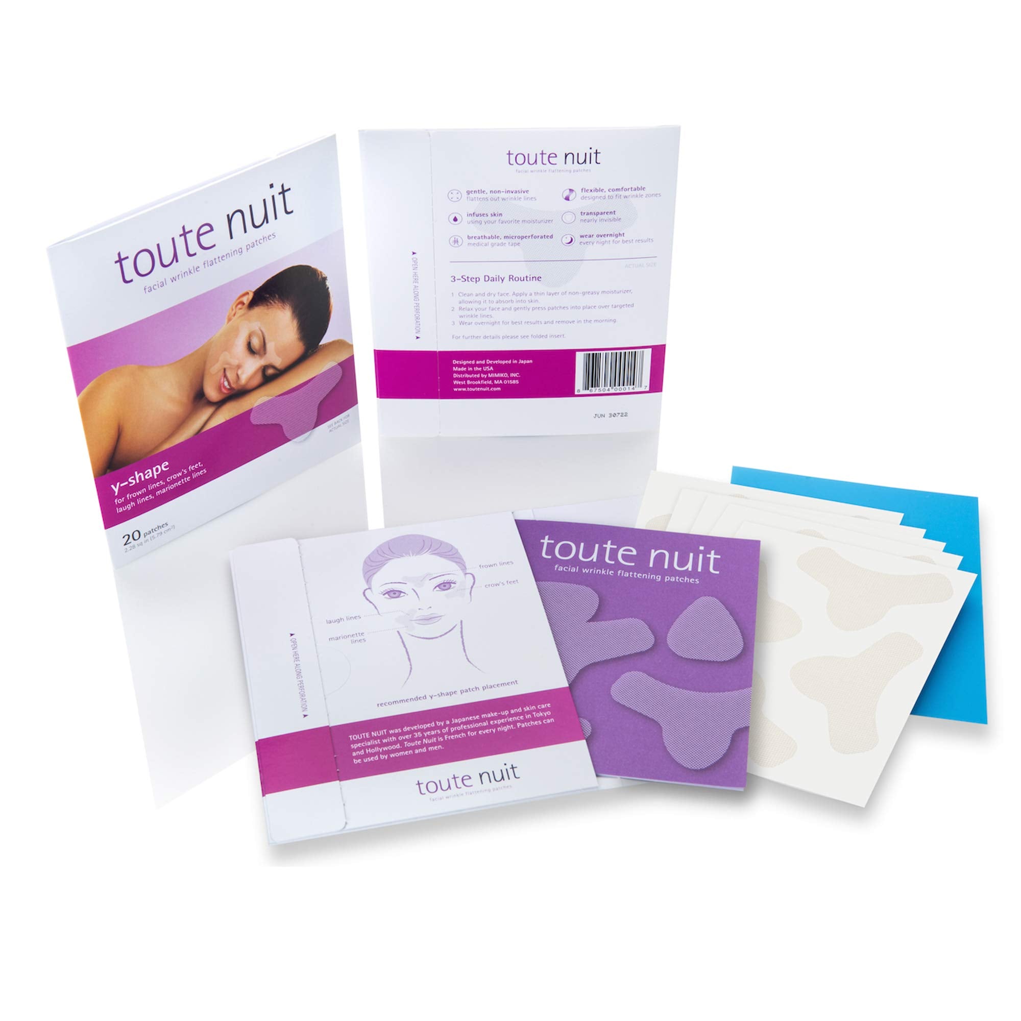 Toute Nuit Wrinkle Patches – Y Shape – Face Tape for Forehead, Between the Eyes & Around Mouth – Hypoallergenic Anti Wrinkle Patches – 20 Count, Made in USA