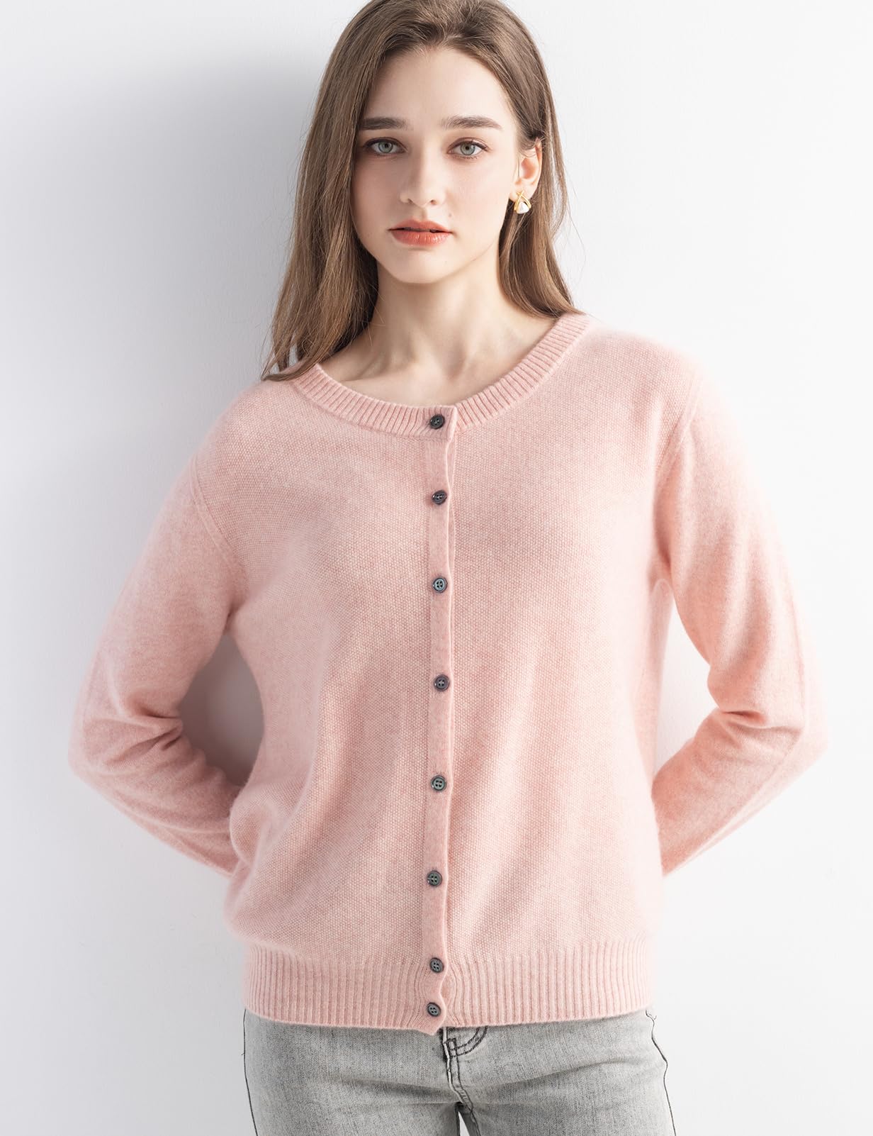 Chanyarn Women's 100% Pure Cashmere Cardigan Crew Neck Long Sleeve 2025 Fall Winter Warm Soft Knit Cardigan Sweater (Pink17176,M)