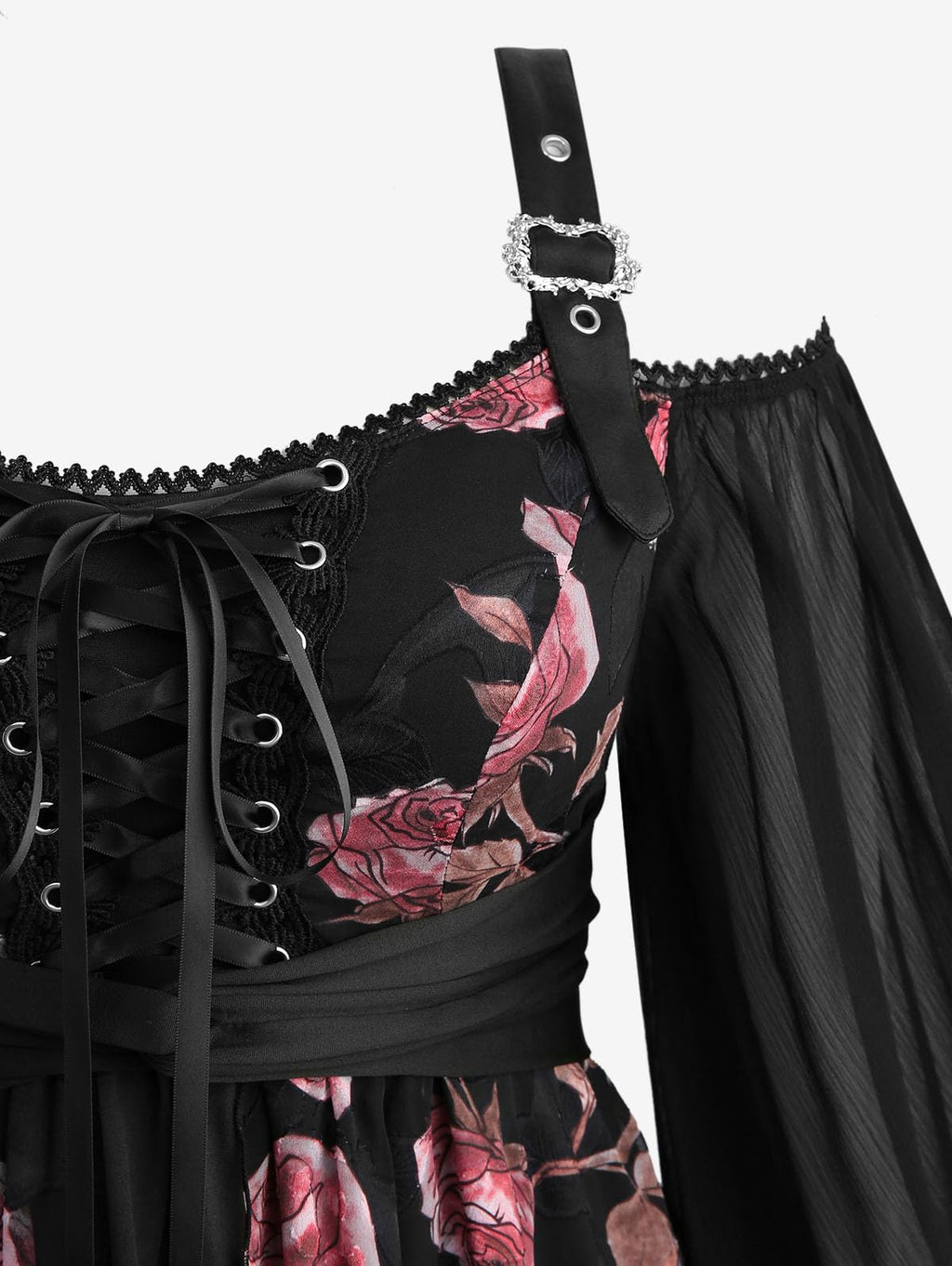 Rosegal Plus Size Women Gothic Costume T-Shirt 2 in 1 Top Cold Shoulder Chiffon Bell Sleeves Rose Flower Print Lace Up Flowy Top(Black/S)