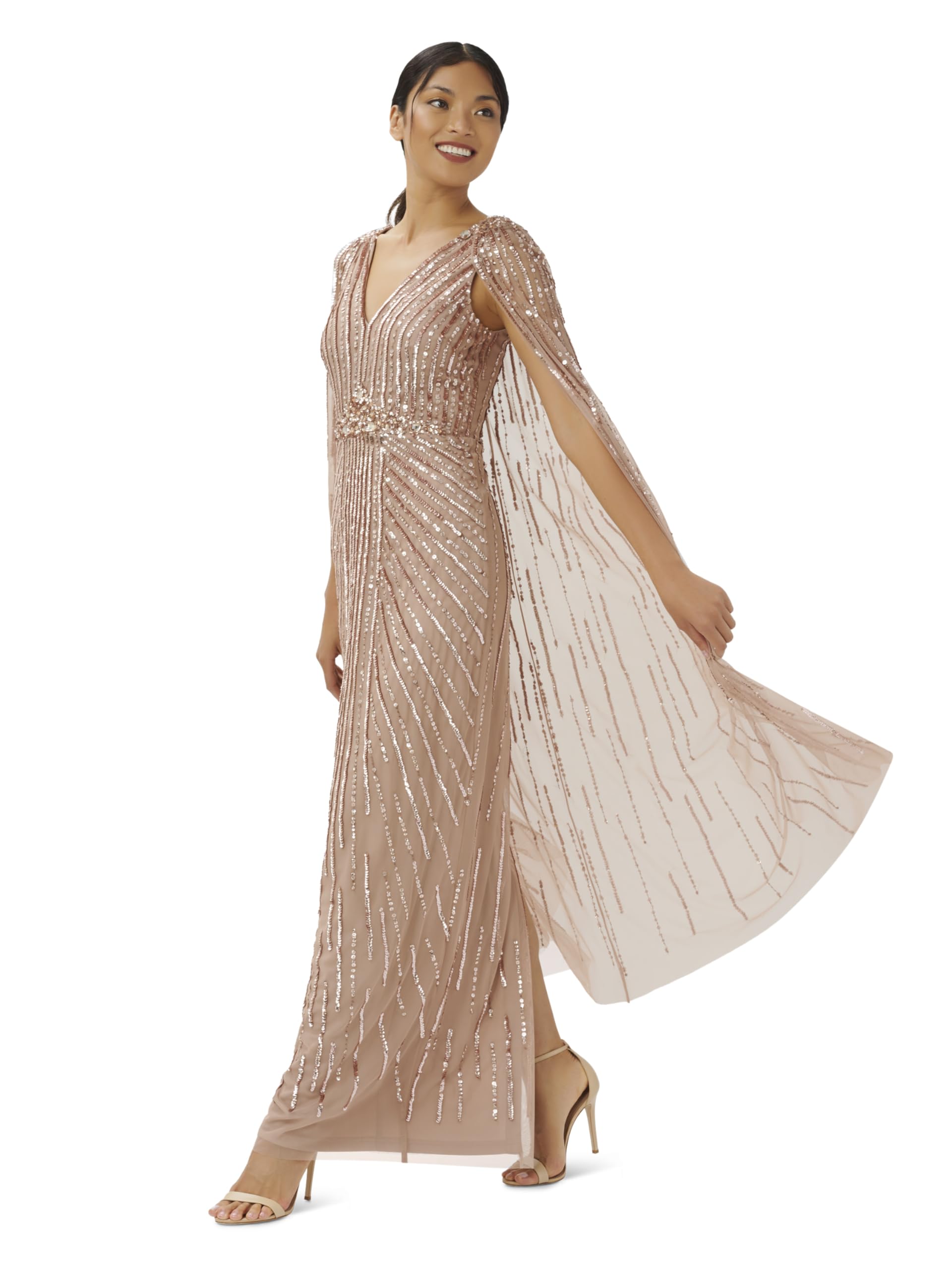 Adrianna Papell Women's Beaded Cape Long Dress | Floor Length Embellished Gown with Fitted Bodice & Long Dramatic Cape