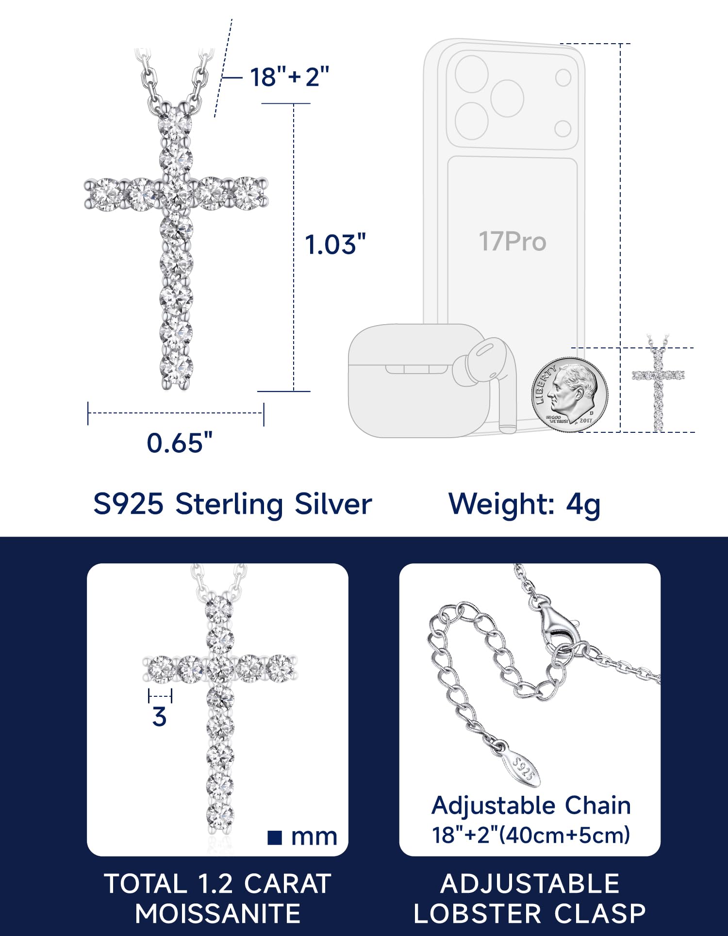 MomentWish Cross Necklace, Christian Gifts for Women, 1.2 Carat Moissanite Cross Pendant, 925 Sterling Silver Necklaces Religious Anniversary Birthday Gifts for Women-Classic