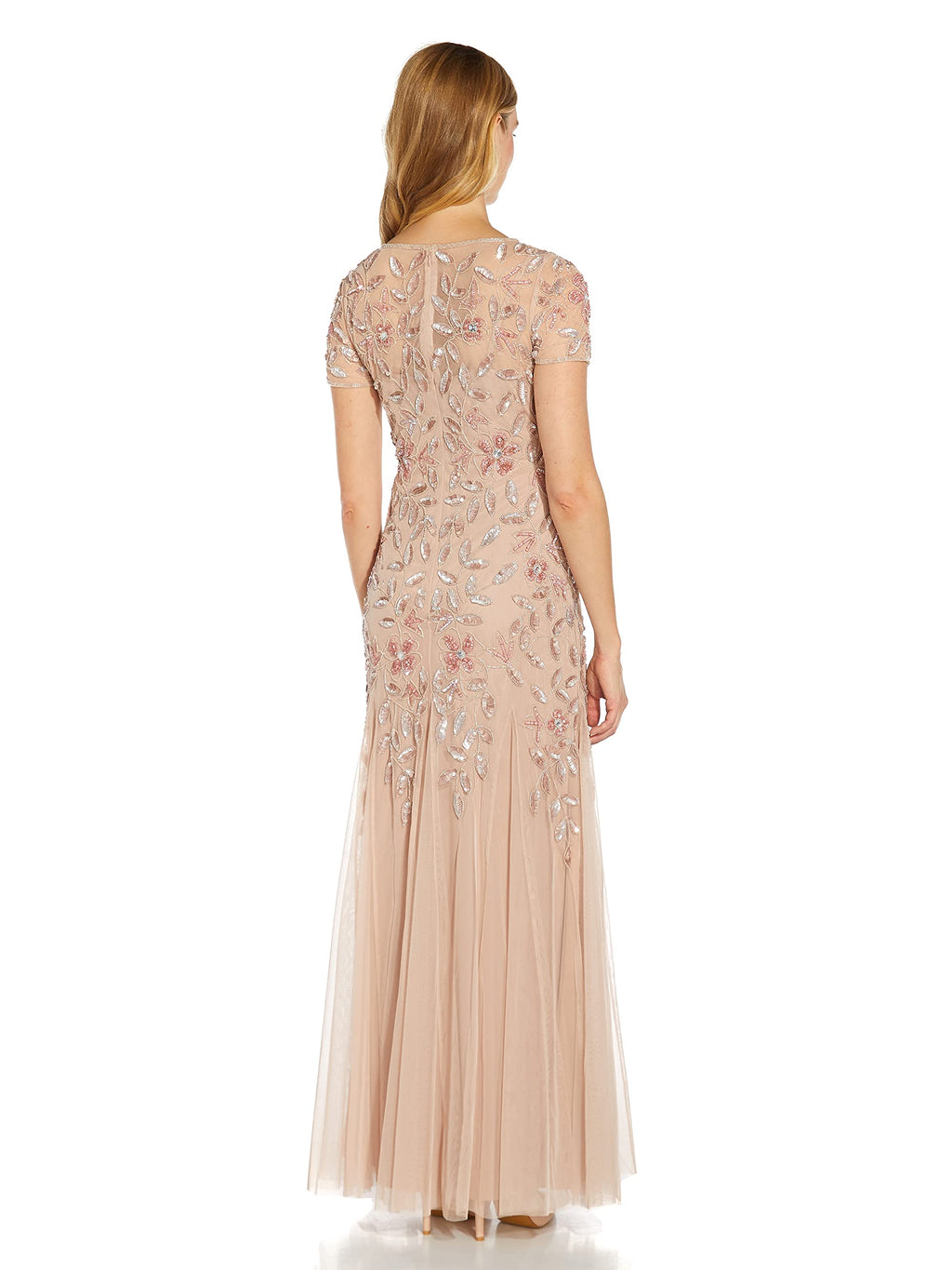 Adrianna Papell Women's Floral Beaded Godet Gown, Blush, 2