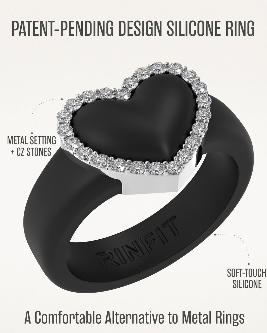 Rinfit Women's Silicone Wedding Band with Stones - Heart Ring with Cubic Zirconia - Black/Silver, Size 8