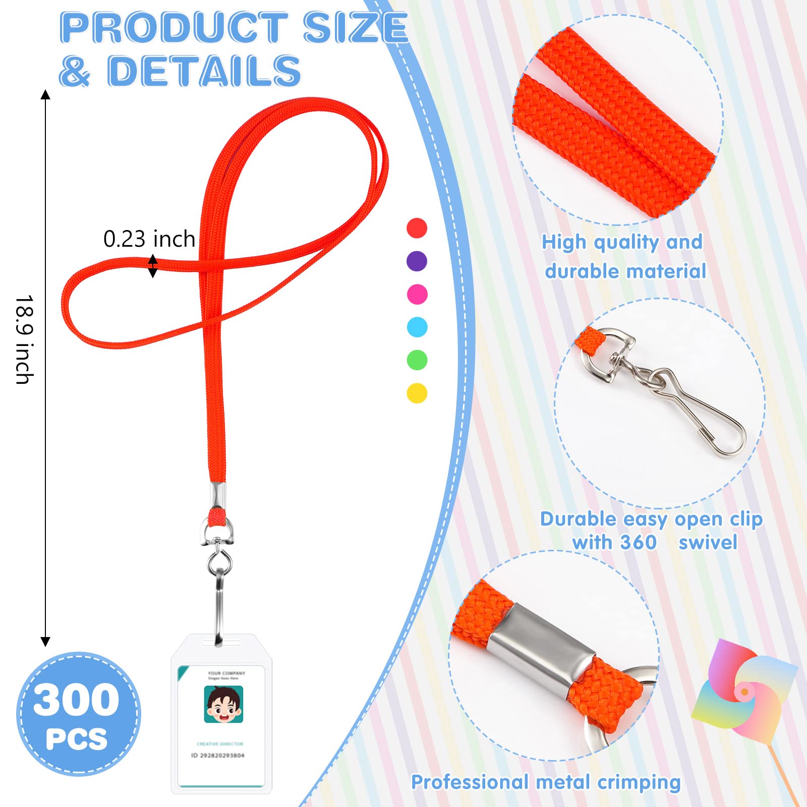 Patelai 300 Pcs Bulk Lanyards for ID Badges with Clip Colored Flat Lanyard for Keys Student Teacher Office(Colorful)