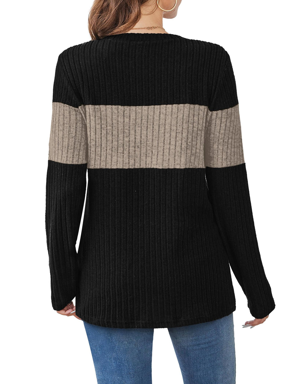 WIHOLL Womens Sweaters Fall Clothes Fashion 2025 Work Blouses Dressy Casual Long Sleeve Shirts Color Block Womens Tops Old Money Clothes Anthropologie Khaki XL