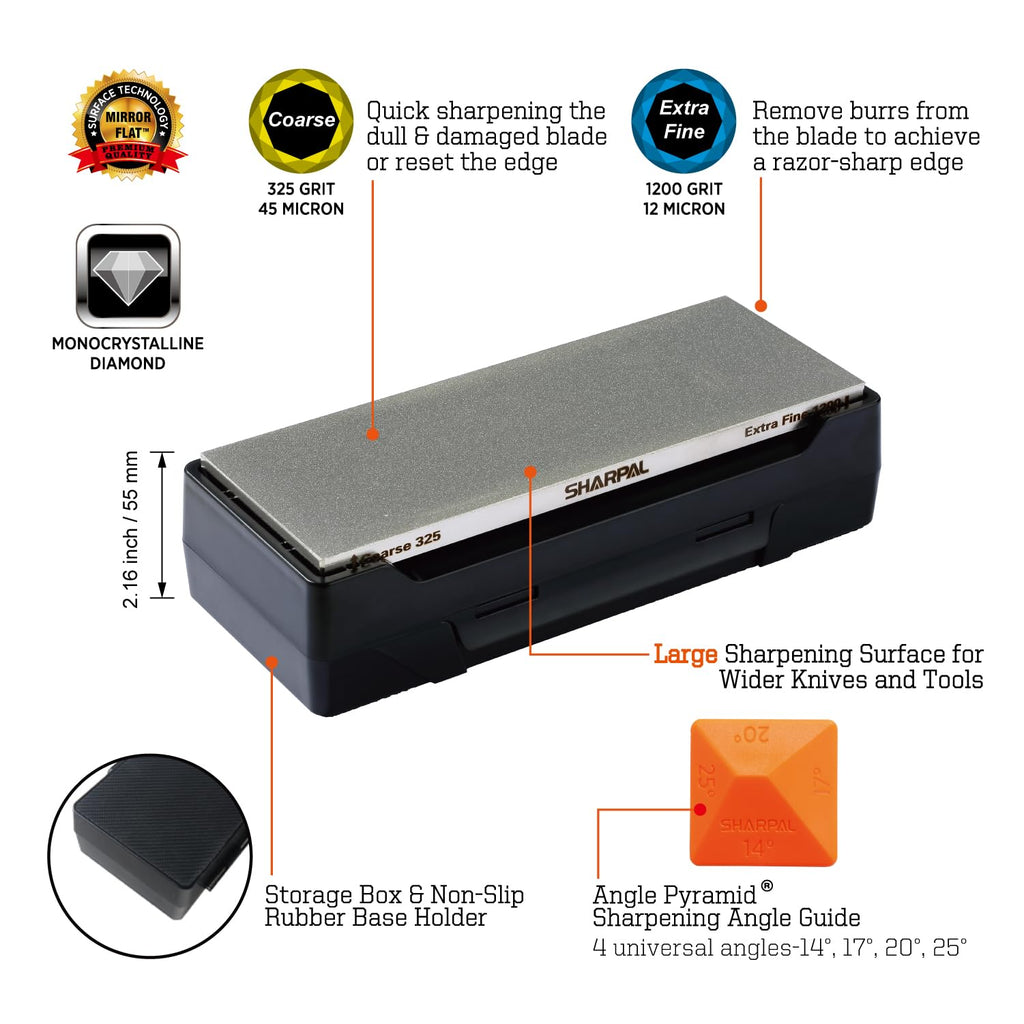 SHARPAL 162N Double-sided Diamond Sharpening Stone Whetstone Knife Sharpener |Coarse 325 / Extra Fine 1200 Grit | Storage Case with NonSlip Base & Angle Guide (8 in. x 3 in.)