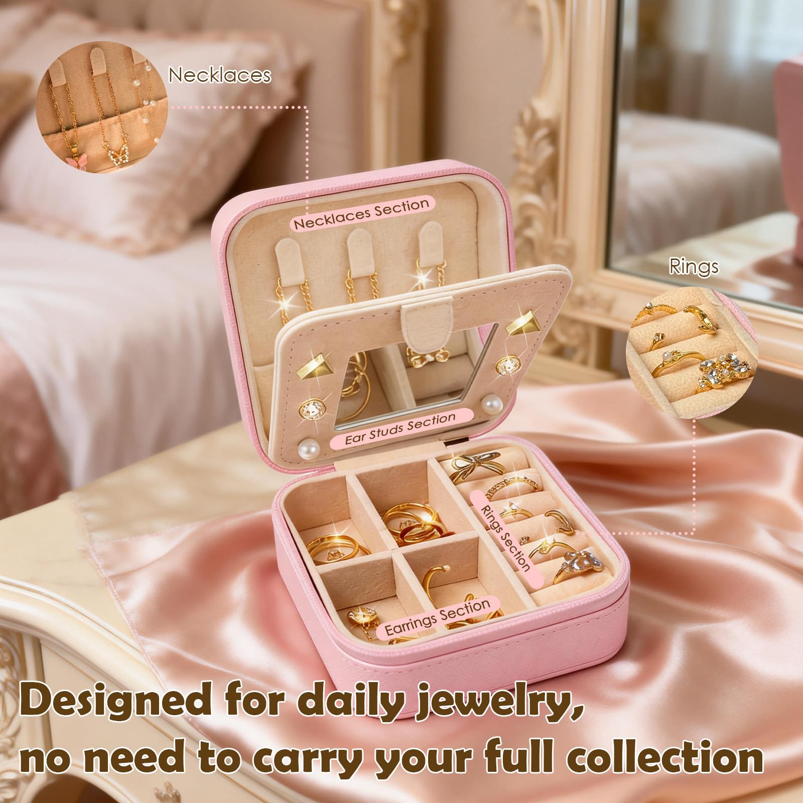 SMUOBT Jewelry Box with Jewelry Set for Women Men - Multi-Layer Organizer Storage Case with Mirror, Necklace Bracelet Hoop/Stud Earrings Rings Gift Set for Her Him, Unique Birthday Party Gift