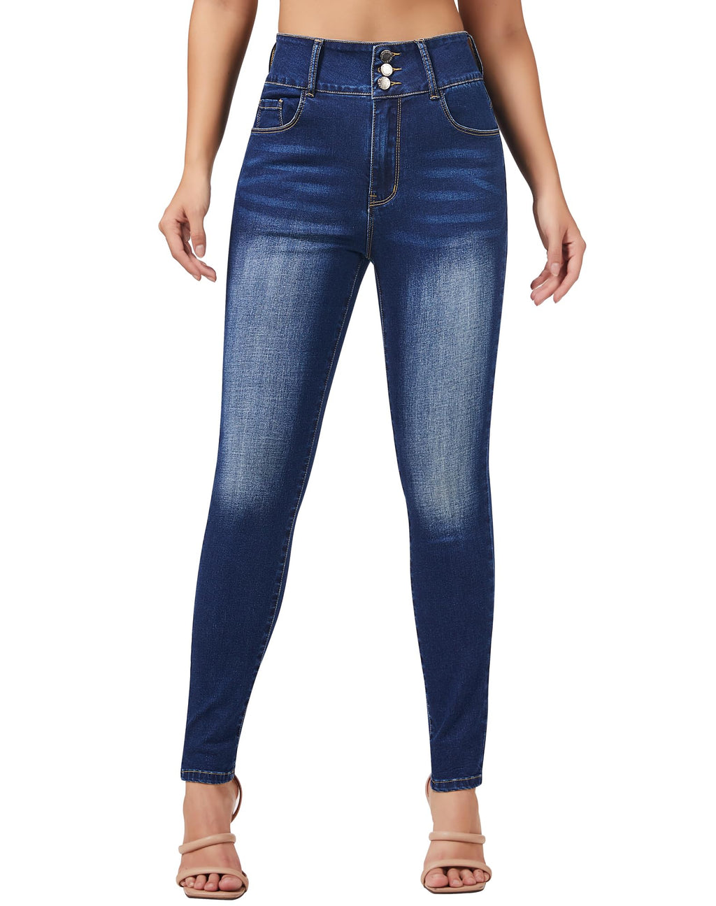 roswear Women's Stretchy Skinny Jeans High Waist Tummy Control Jeggings Slim Fit Denim Pants Navy Blue Large
