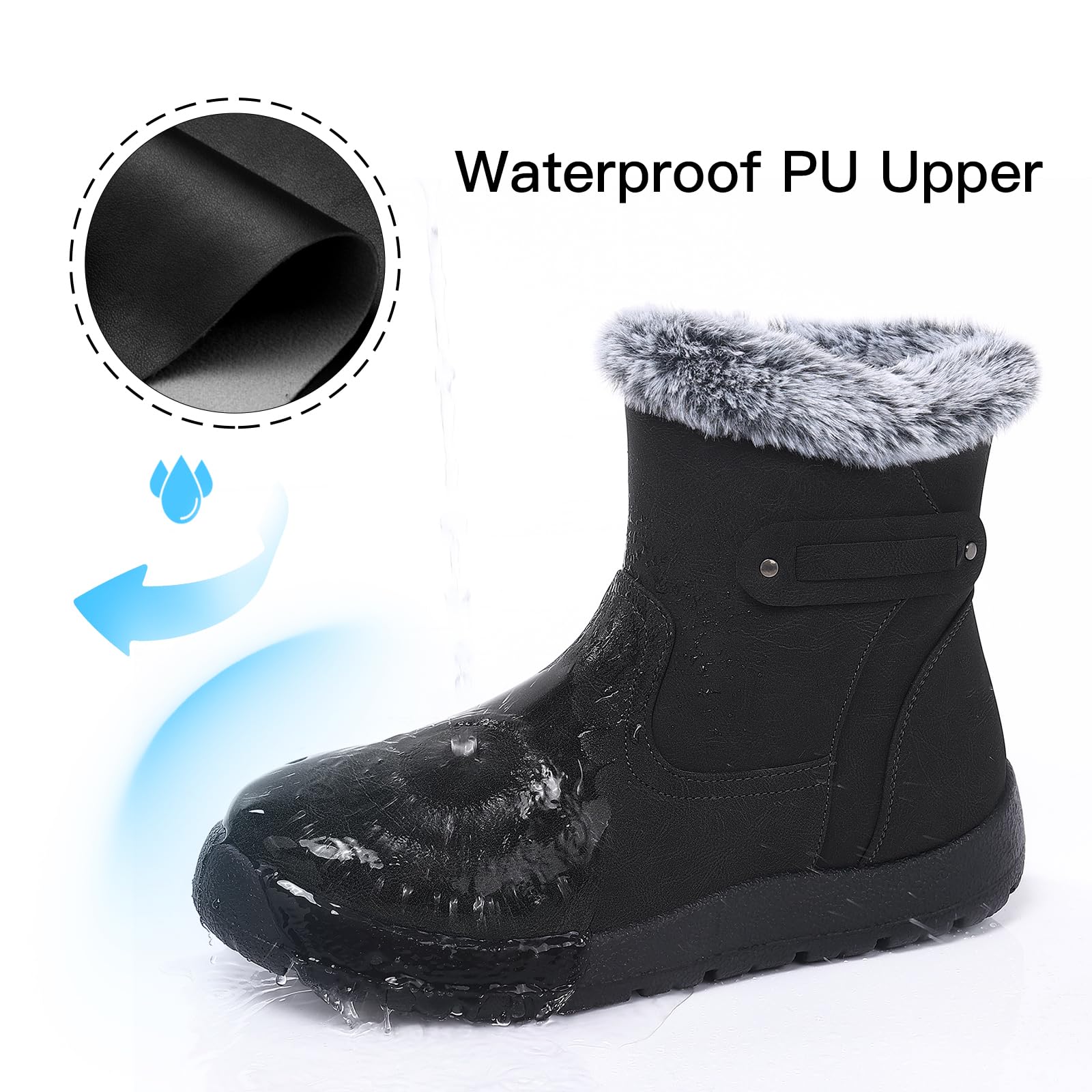 SHIBEVER Women's Snow Boots Winter Fur Lined Waterproof Anti-Slip Leather Women Ankle Snow Boots Black Size 8