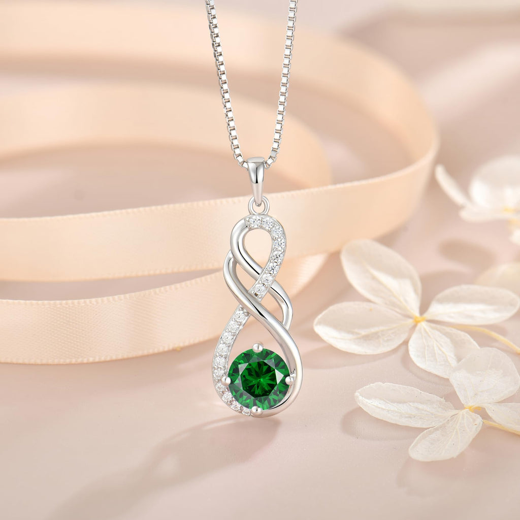 YIFSIY Gemstone Infinity Pendant Necklaces for Women, S925 Sterling Silver Round cut Created Emerald Necklace May Birthstone Jewelry Gift for Her