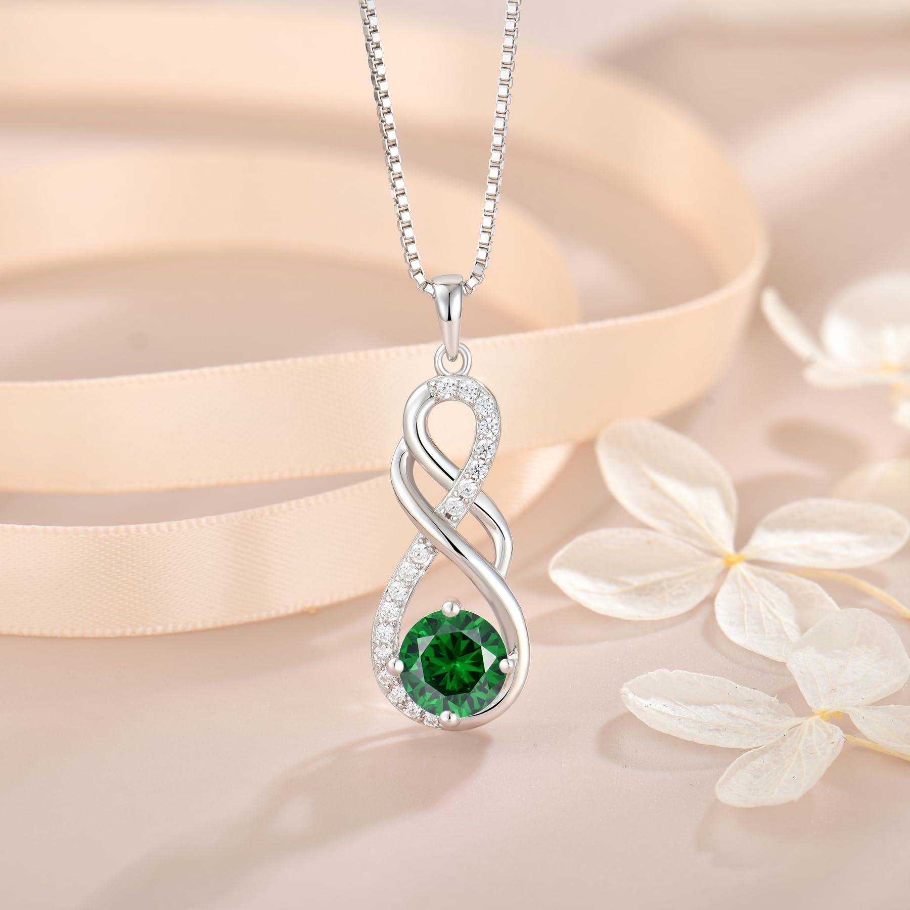 YIFSIY Gemstone Infinity Pendant Necklaces for Women, S925 Sterling Silver Round cut Created Emerald Necklace May Birthstone Jewelry Gift for Her