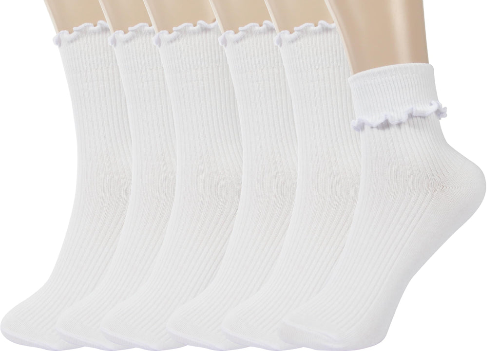 BomKinta Ruffle Socks Women Lightweight Cotton Sock Turn-Cuff Frilly Sock Casual Athletic Crew Socks Gifts White 6 Pairs Size 5-10