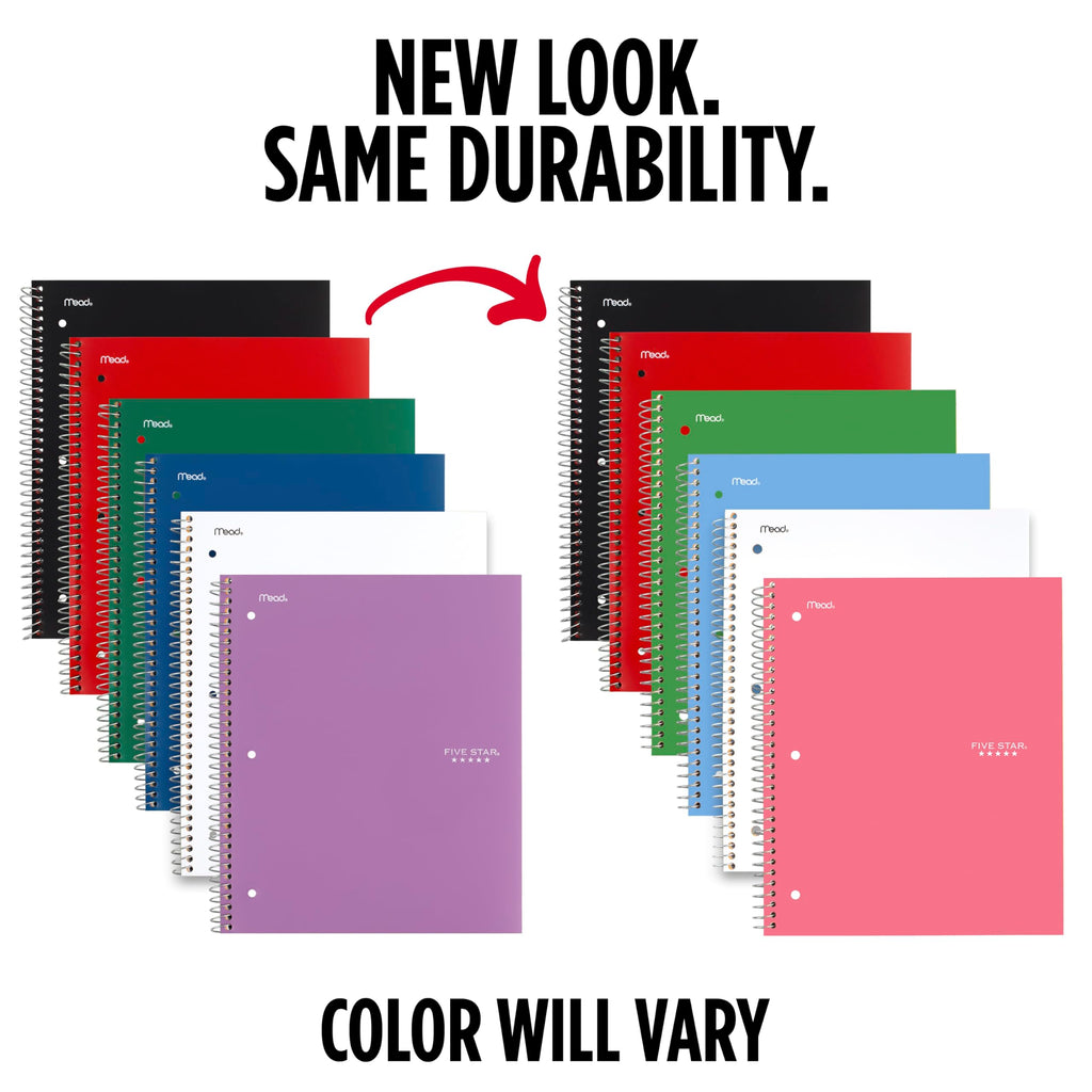 Five Star Spiral Notebook + Study App, 1 Subject, College Ruled Paper, 8.5" x 11", 100 Sheets, Assorted Colors, 6 Pack (38052)