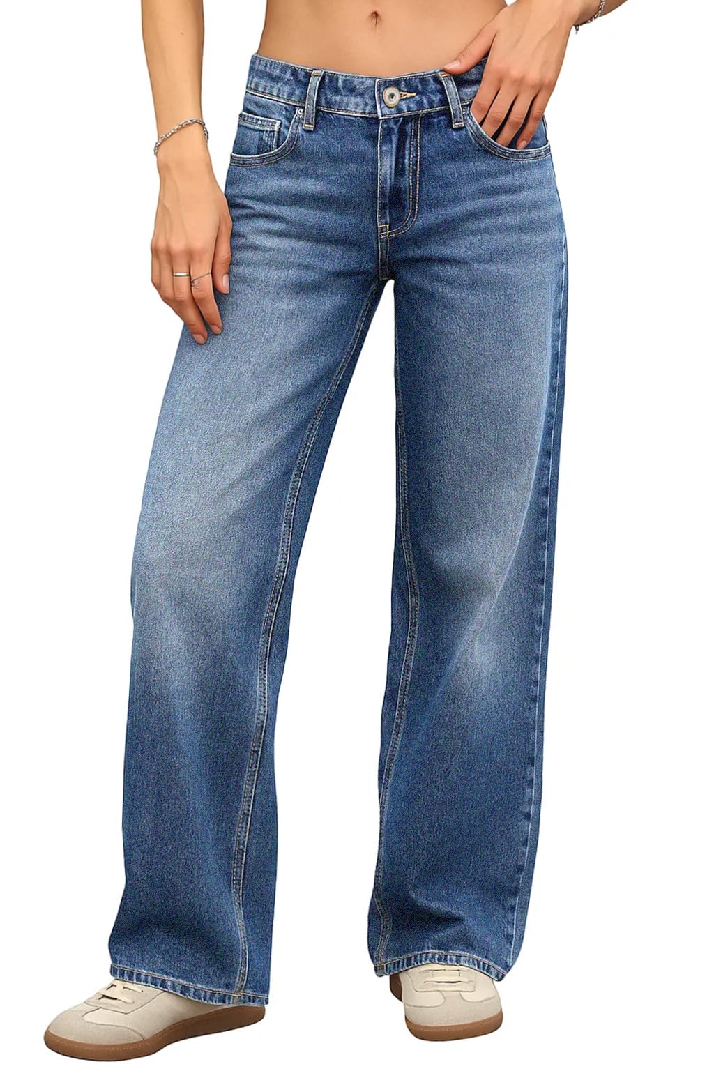 ELLEVEN Low Rise Baggy Jeans for Women Trendy Stretchy Y2K Wide Leg Jeans Boyfriend Straight Leg Denim Pants Blue Denim 4