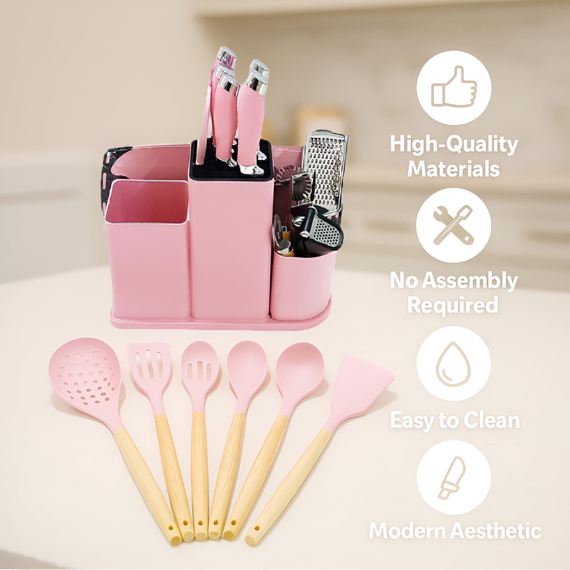 DANFFI 20-Piece Pink Kitchen Utensil Set – Silicone Cooking Tools with Wooden Handles, Knife & Scissor Set, Cutting Board, Grater & More – Non-Stick, BPA-Free Kitchen Gift Set