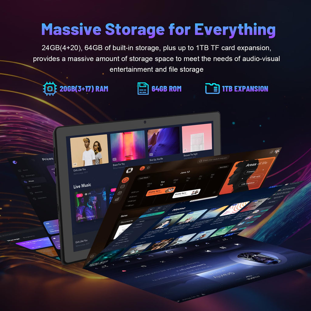 Gleeso Tablet, Latest Android 15 Tablet 10 Inch, 8-Core, 20GB+64GB+1TB TF, Dual Camera, Widevine L1, Face ID, 5000mAh Battery, WiFi 6, BT 5.4, 2-in-1 Tablets with Keyboard Mouse Pen Protective Case
